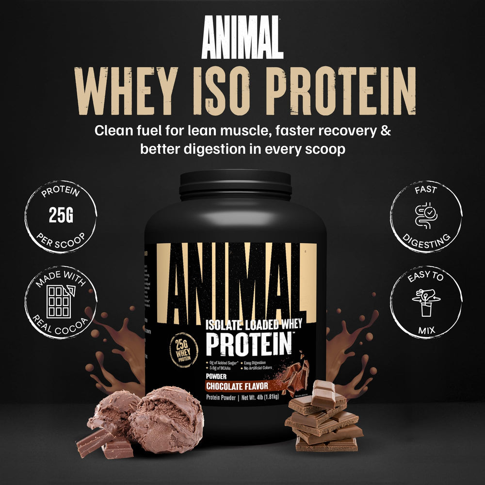 Animal Whey Isolate chocolate powder being poured highlights post-workout protein
