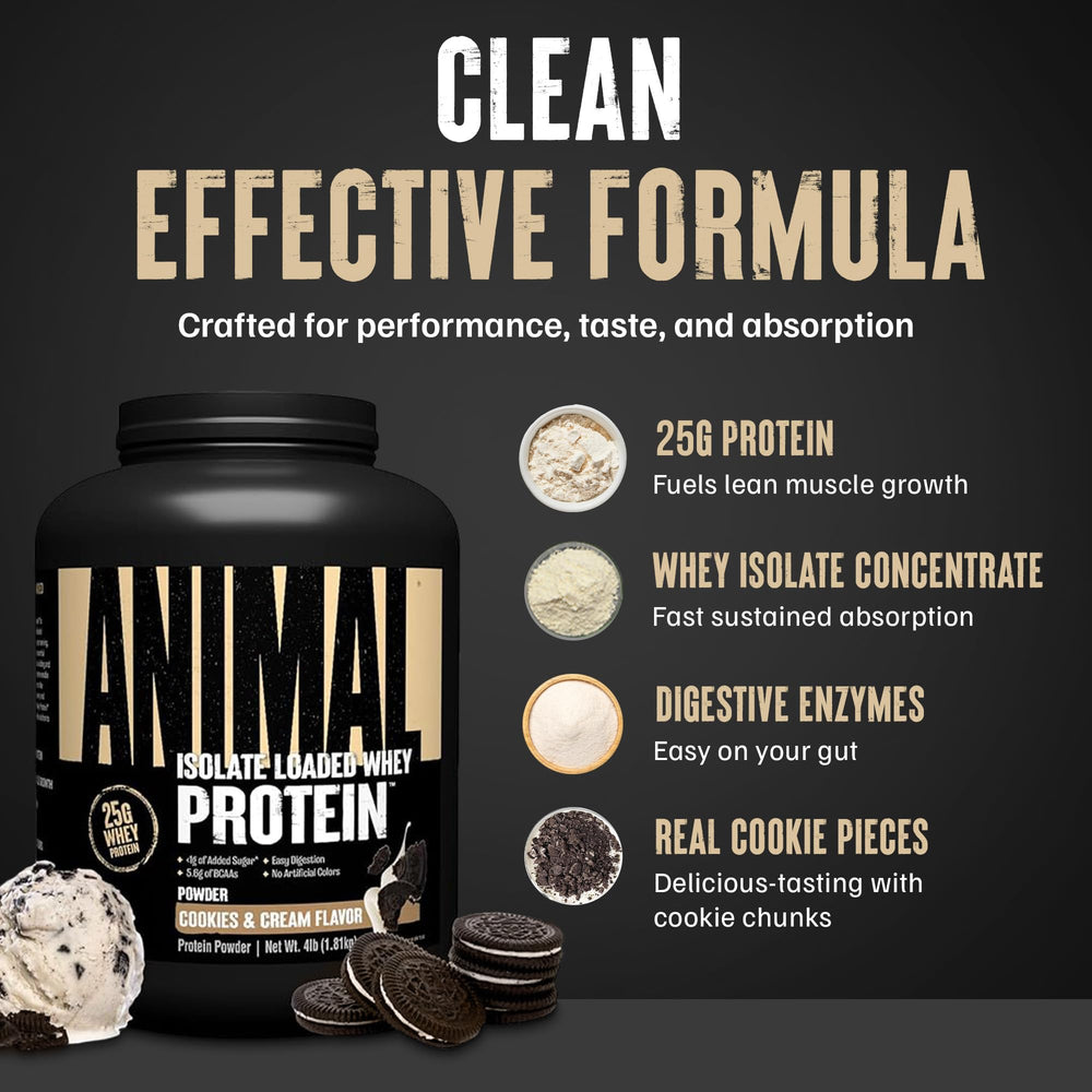 Cookies & Cream flavor label on Animal Whey Isolate promises creamy taste.