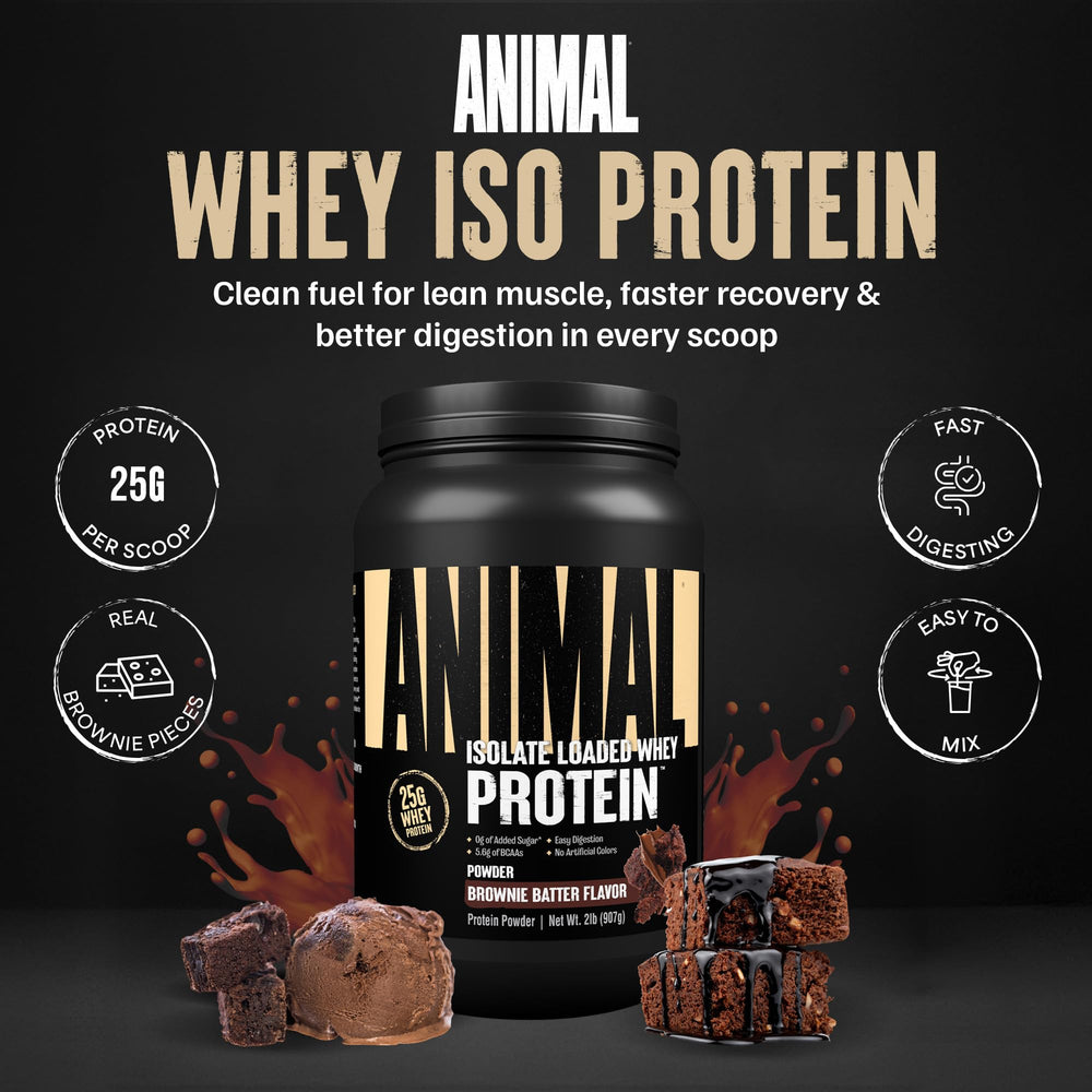 Animal Whey Isolate label close-up emphasizes digestive enzymes for easier digestion.