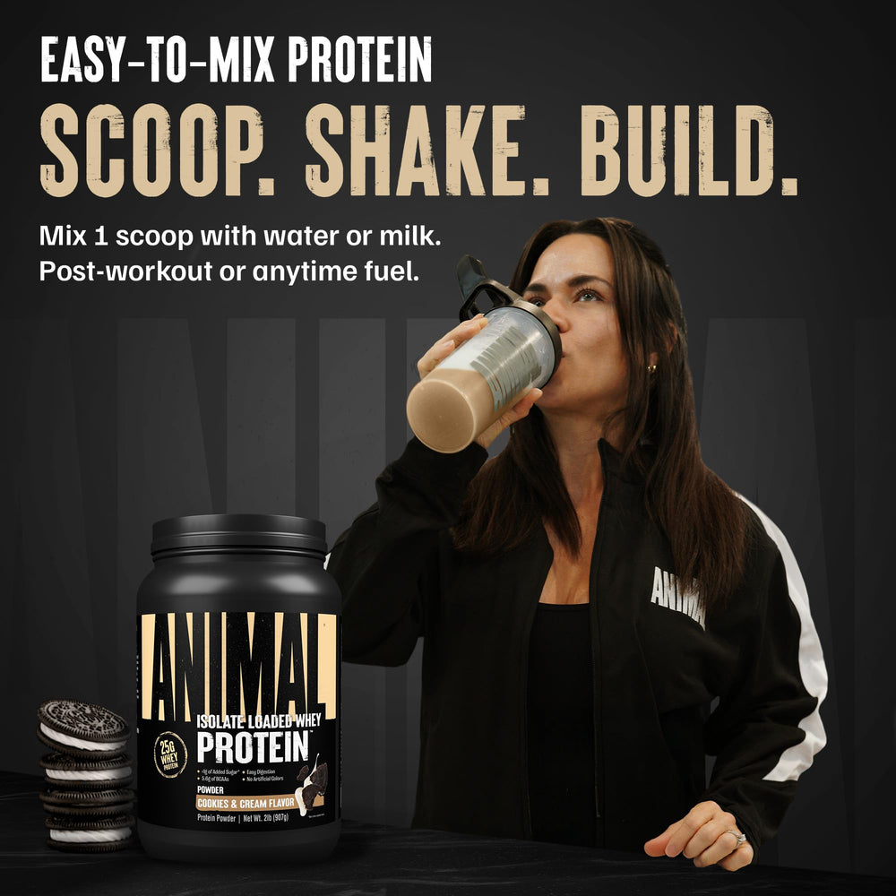 Animal Whey Isolate scoop and tub illustrating fast absorption and easy mix.