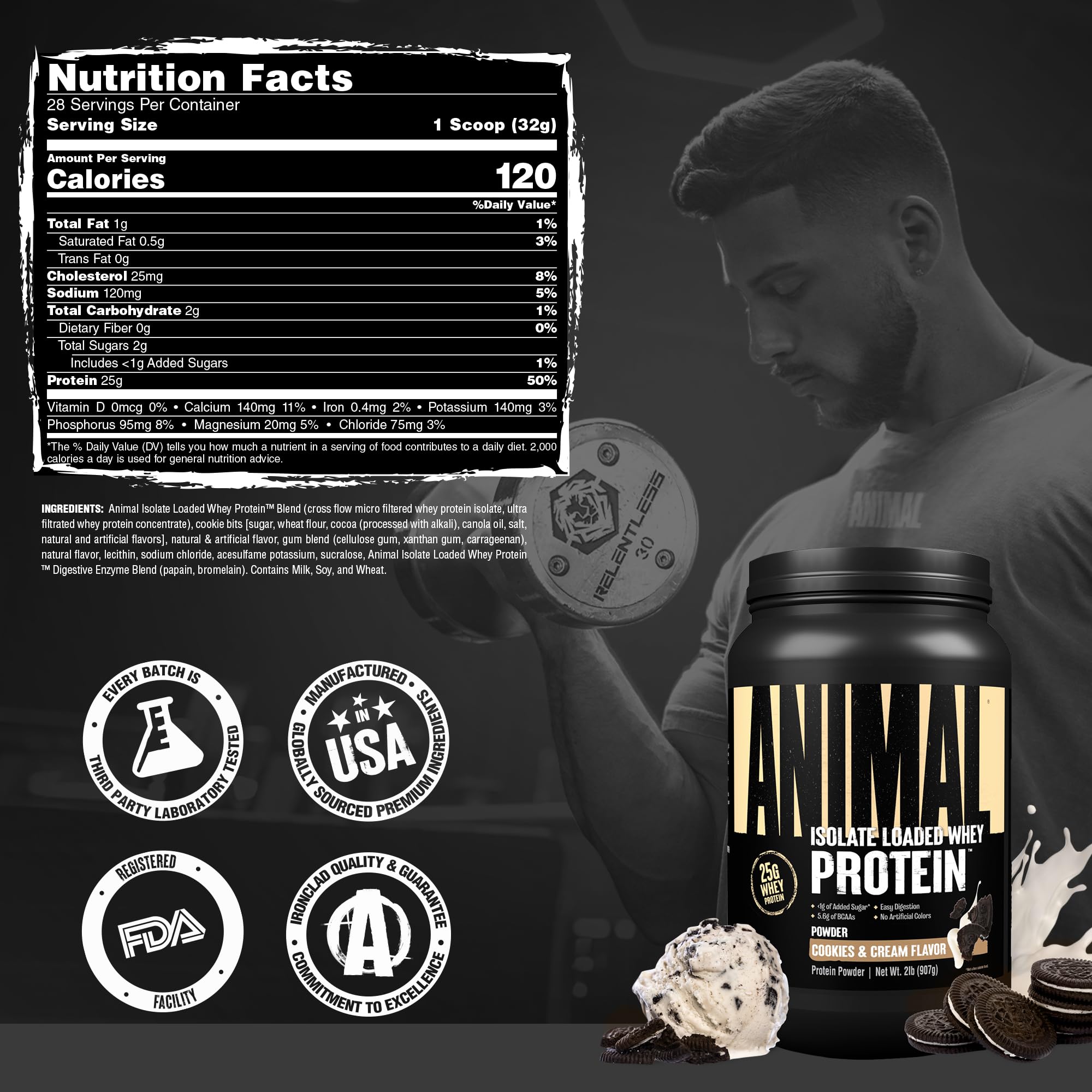 Animal Whey Isolate ingredient panel close-up highlighting digestive enzymes and amino acids.