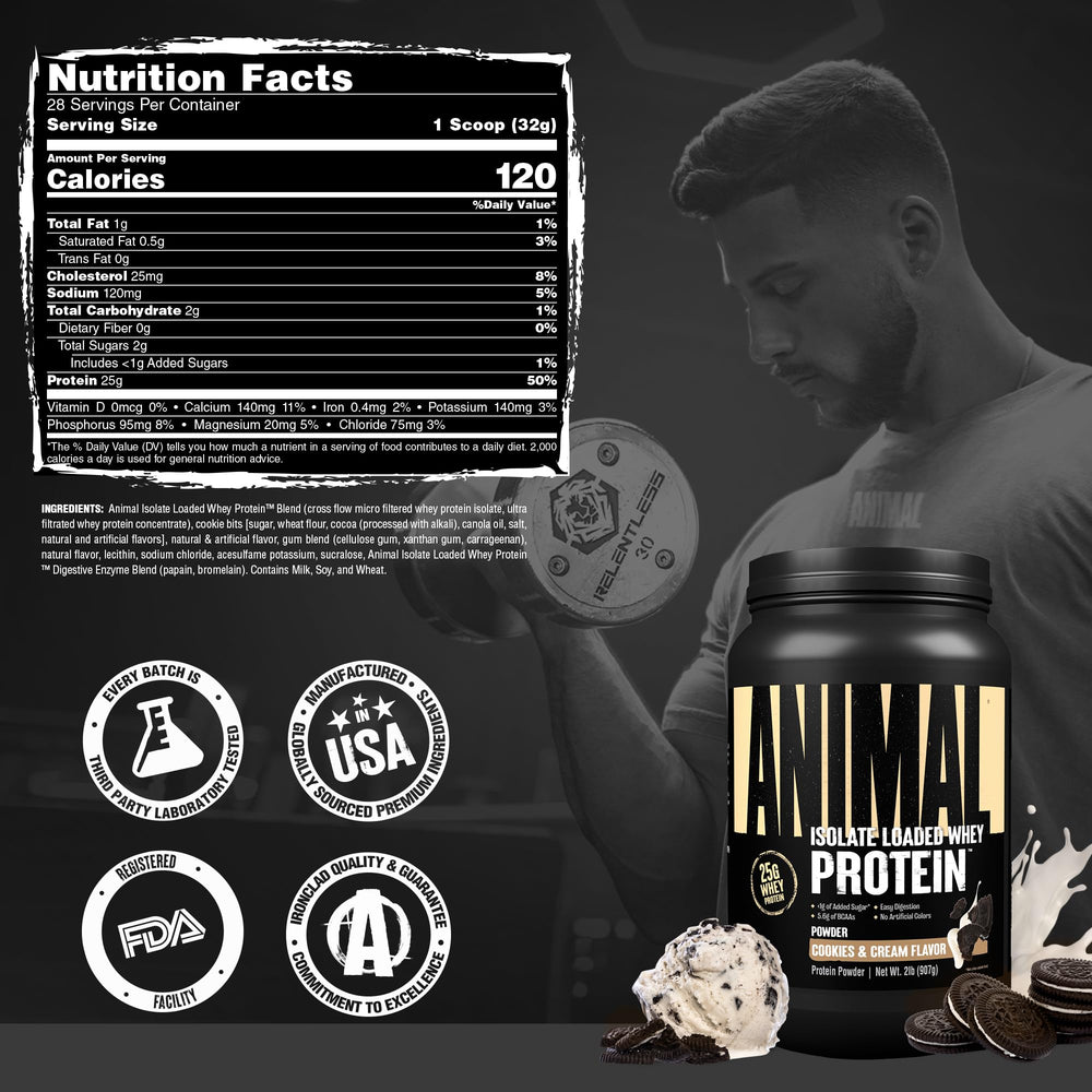 Animal Whey Isolate ingredient panel close-up highlighting digestive enzymes and amino acids.