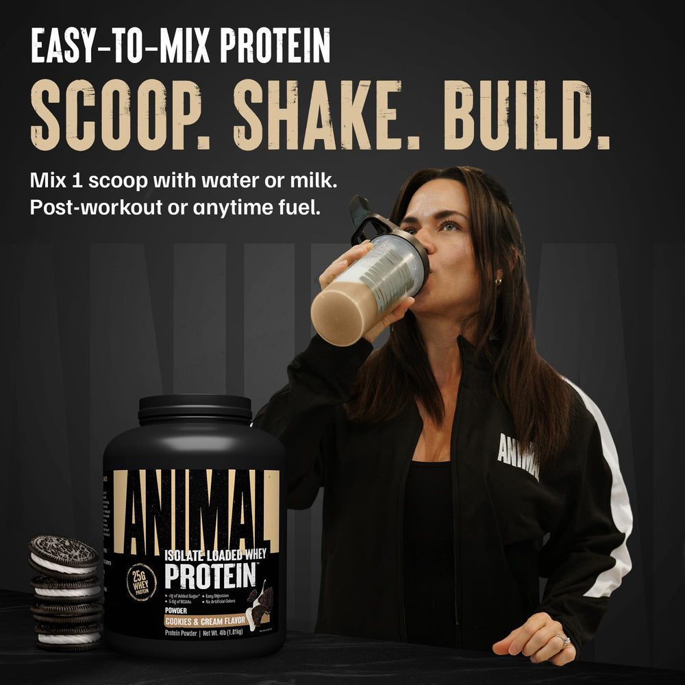 Pouring Animal Whey Isolate into a glass reveals creamy texture and flavor.