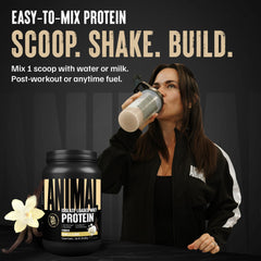 Animal Whey Isolate powder being stirred in a glass for a smooth shake