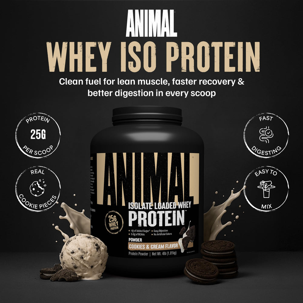 Animal Whey Isolate powder scoop demonstrates quick-mix formula ideal for pre or post-workout.