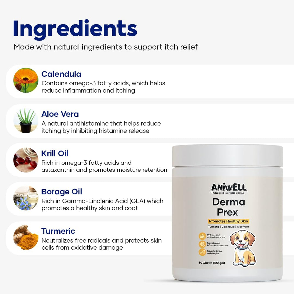 Aniwell DermaPrex bottle highlights krill oil for skin health and moisture