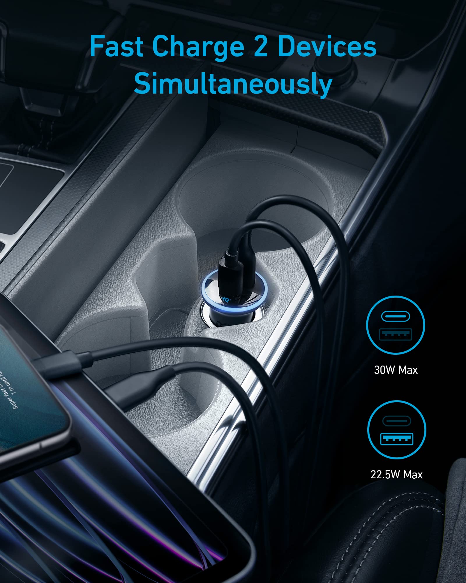 Anker 323 compact dual-port design fits neatly in a vehicle outlet.