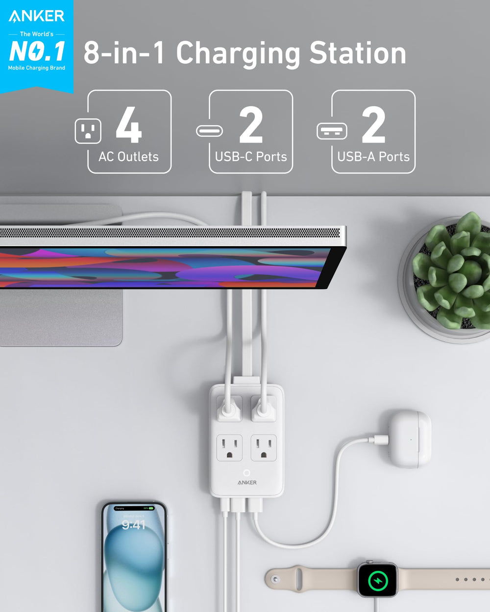 Anker Charging Station with a 5 ft slim cord keeps desks tidy and accessible.