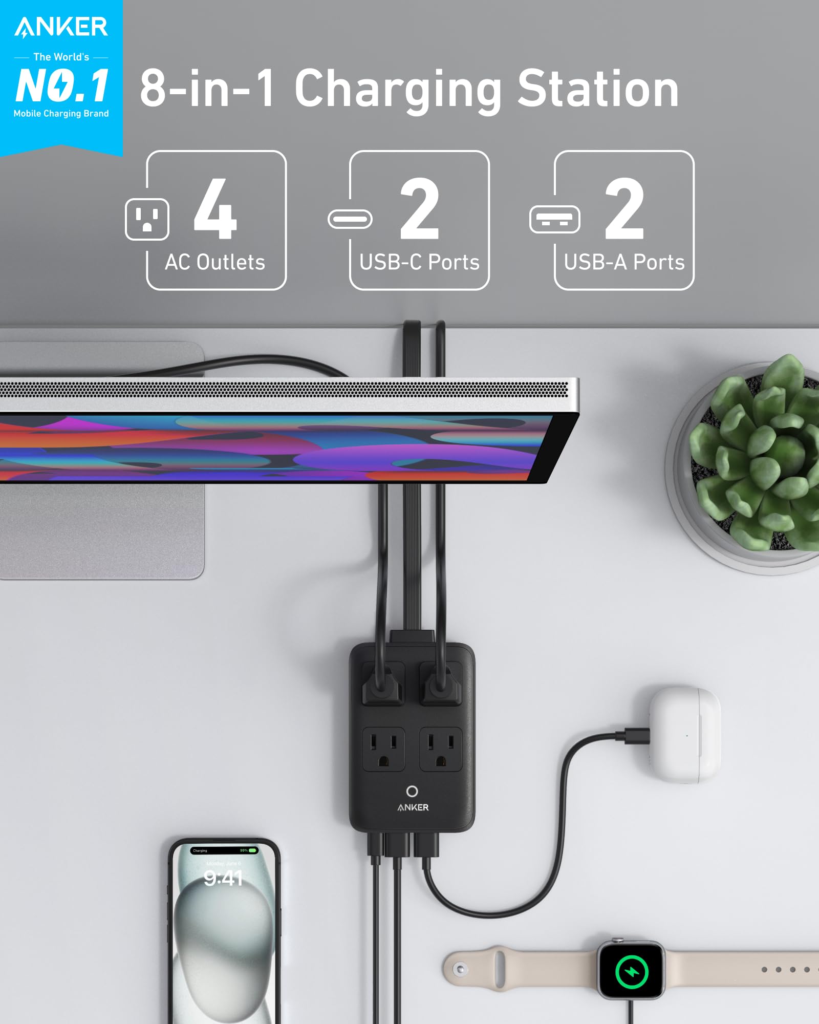 Anker charging station USB-C ports close-up, fast charging for iPhone and laptop.