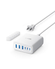 Anker desktop charger with a 6-port setup powering multiple devices efficiently