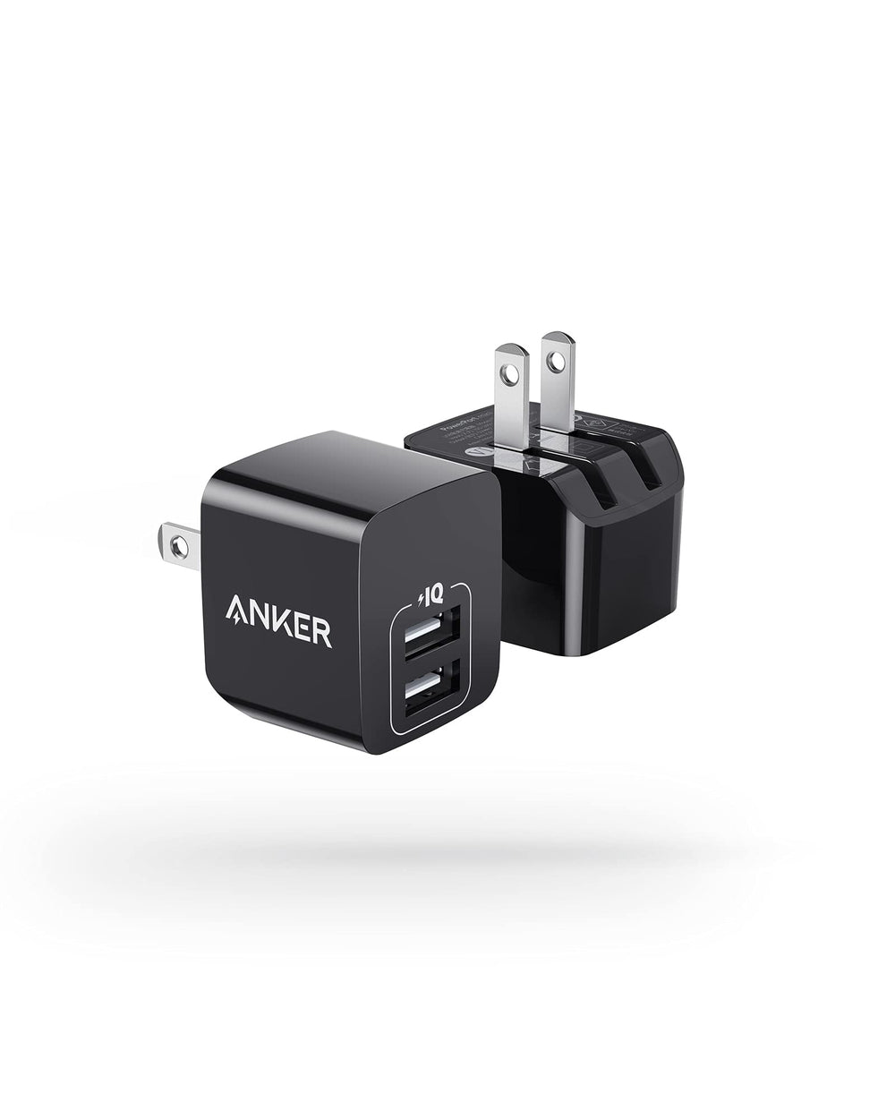 Anker dual-port 12W charger front charges two devices efficiently.