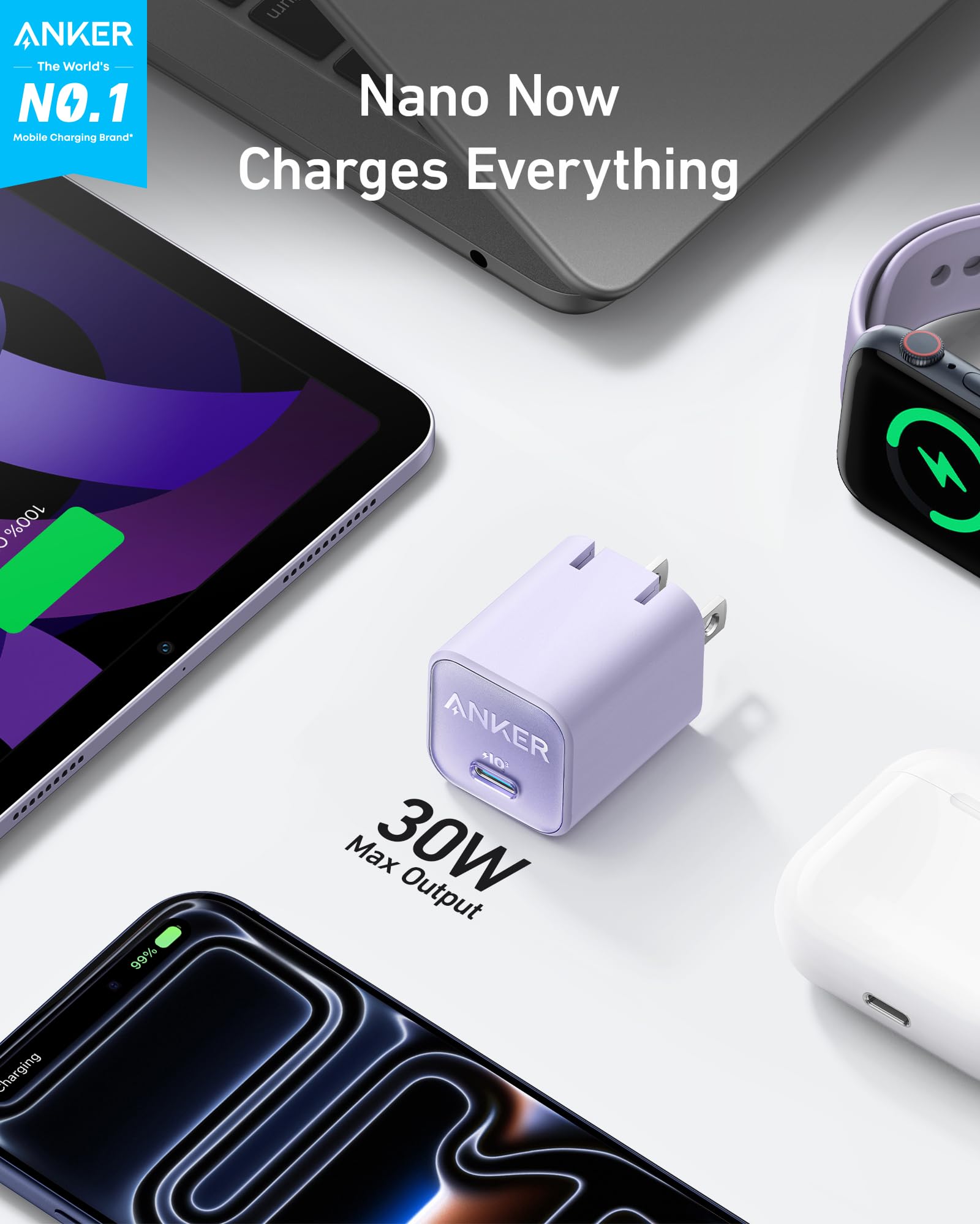 Anker Nano 30W charger side view, GaN design saves space