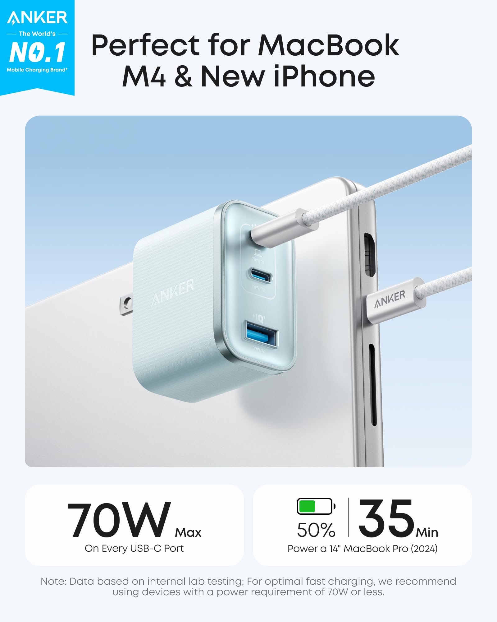 Anker Nano Charger 70W, compact shell blue, ideal for travel and daily charging.