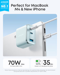 Anker Nano Charger 70W, compact shell blue, ideal for travel and daily charging.