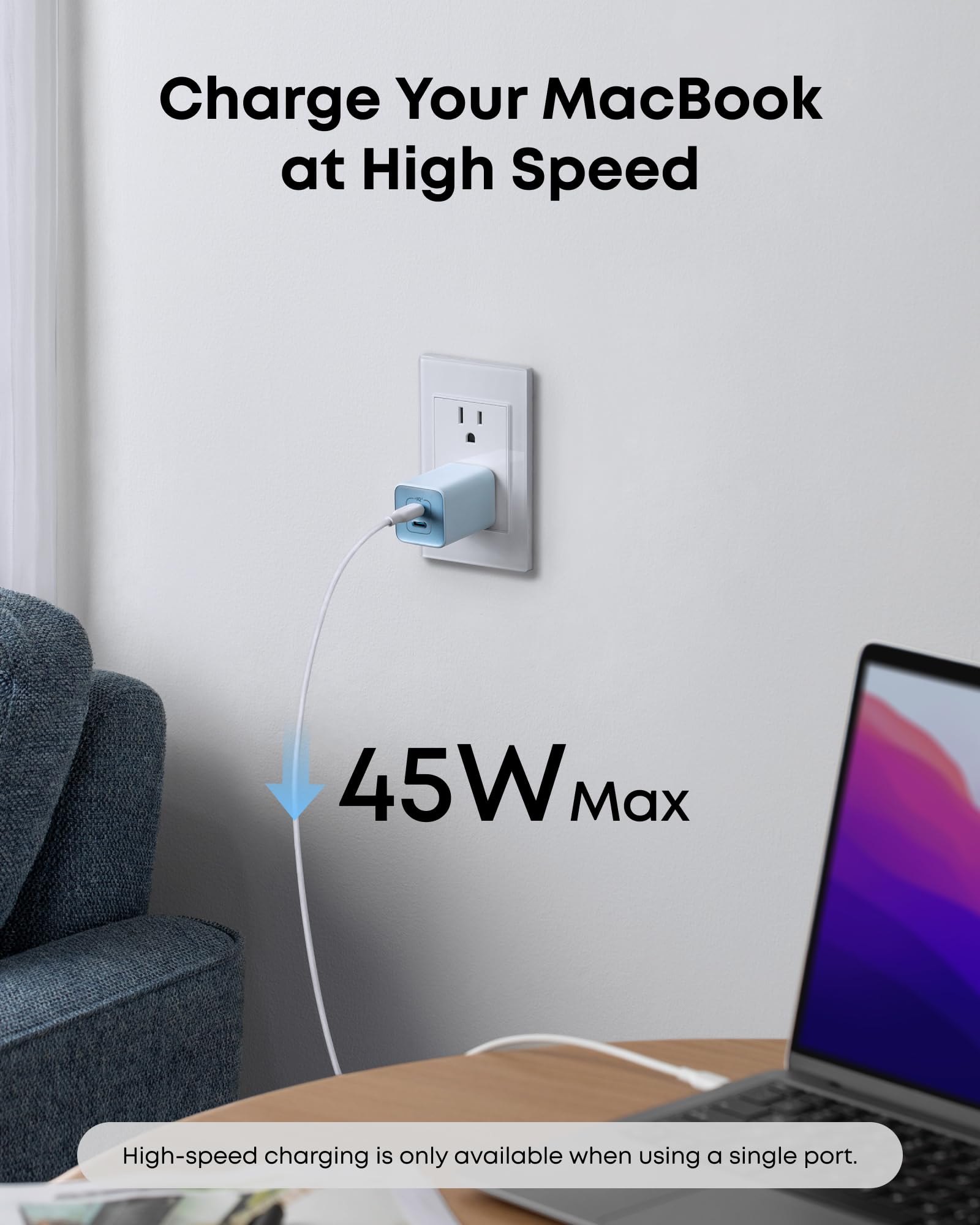 Anker Nano Charger blue color variant shown in a lifestyle setting.