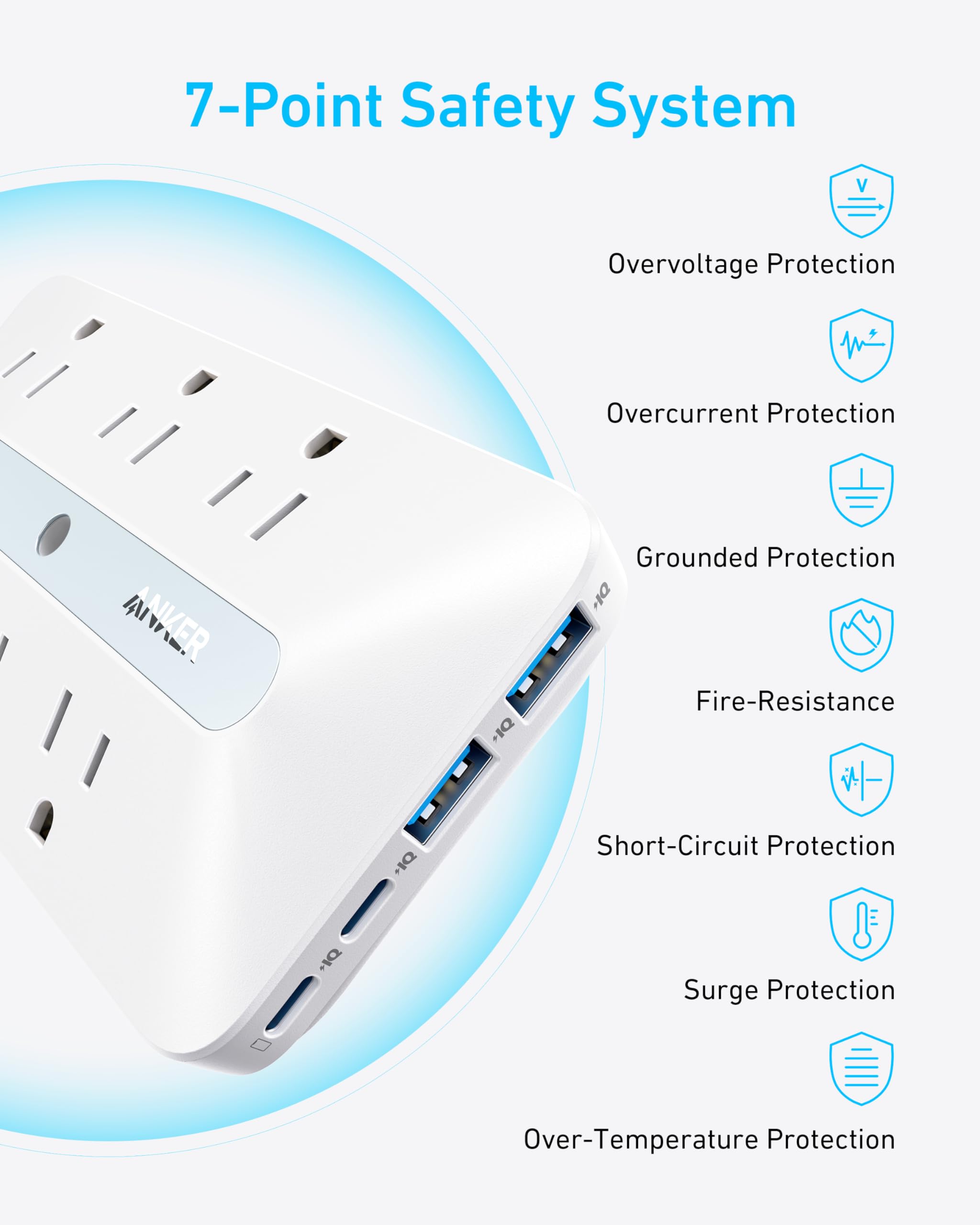 Anker Outlet Extender shown in a dorm room setup with tidy cables.