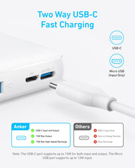 Anker Power Core 10K charging an iPhone, fast USB-C power on the move.