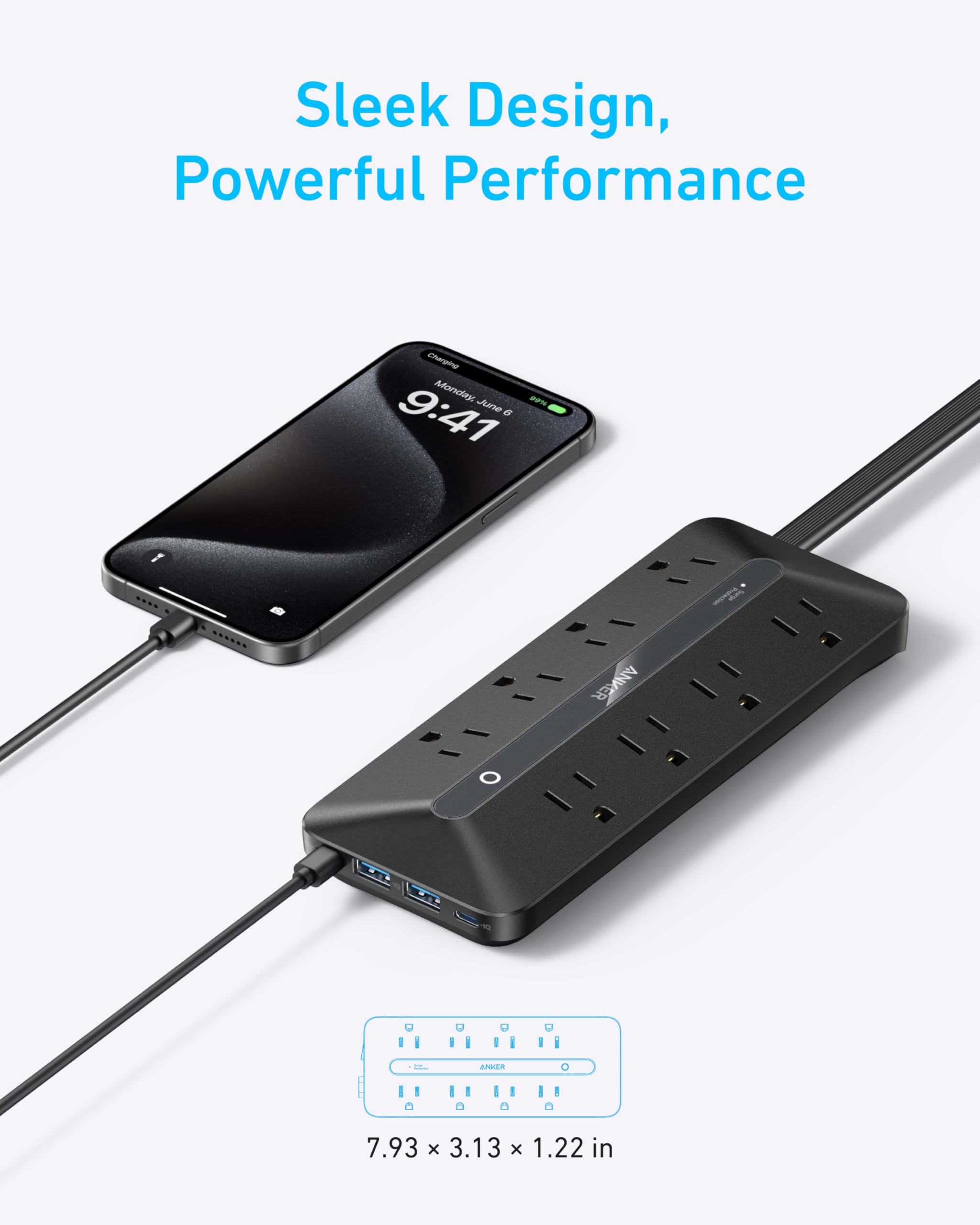 Anker Power Strip flat plug enables wall mounting and clutter-free setup.