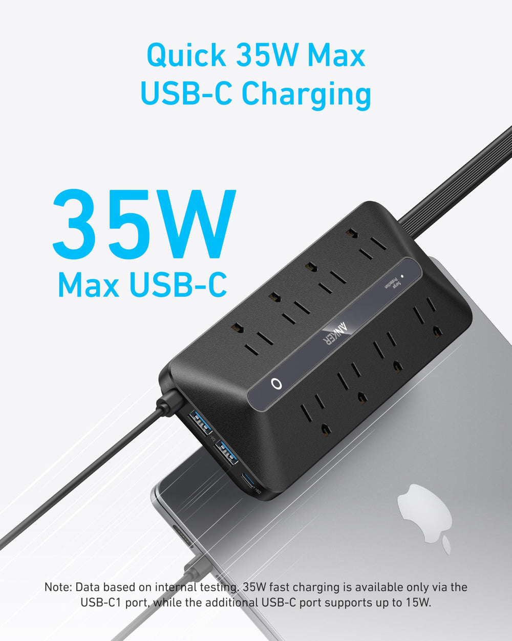 Anker Power Strip slim design fits neatly under desks.
