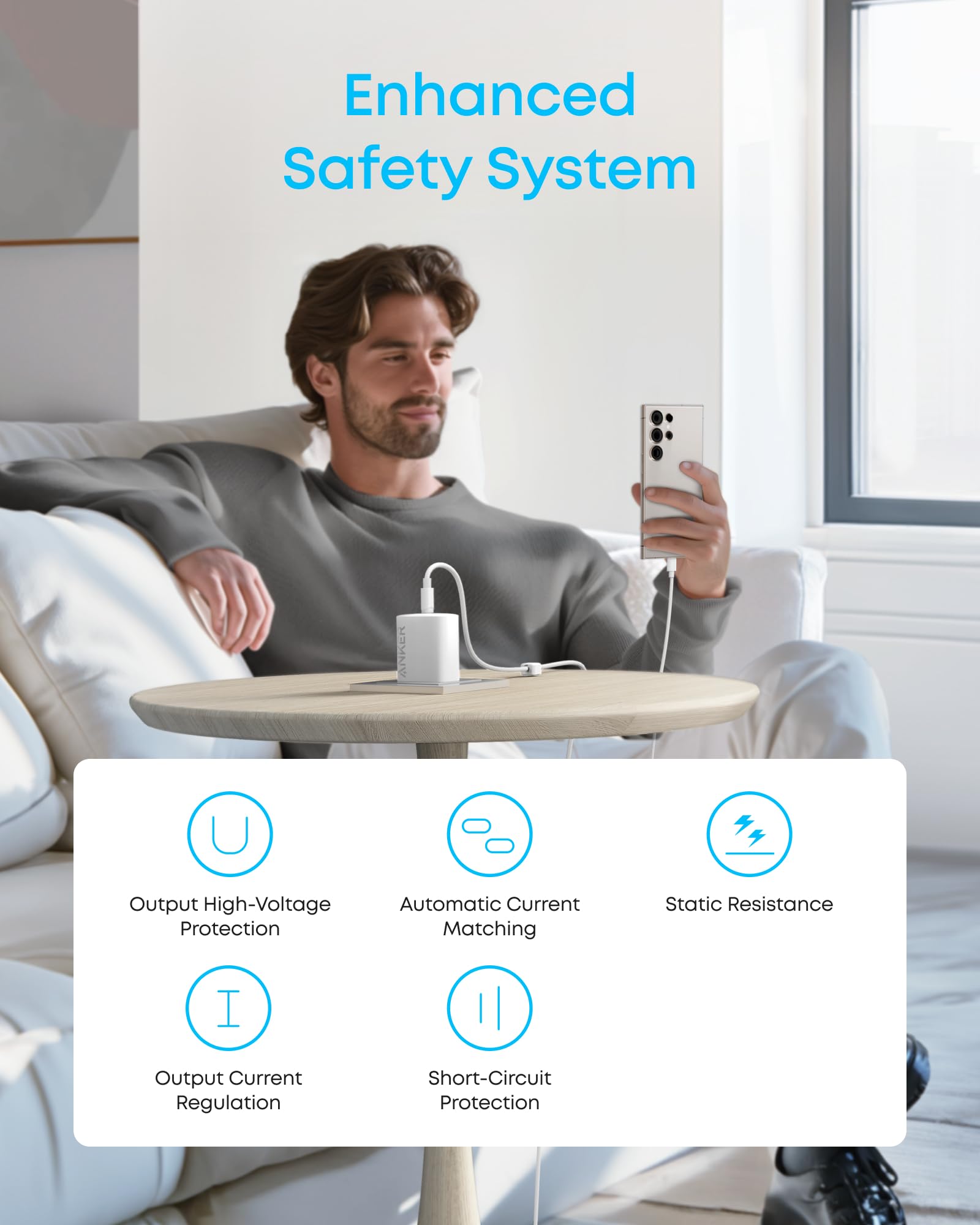 Anker PPS fast charger highlights secure charging with built-in protection.