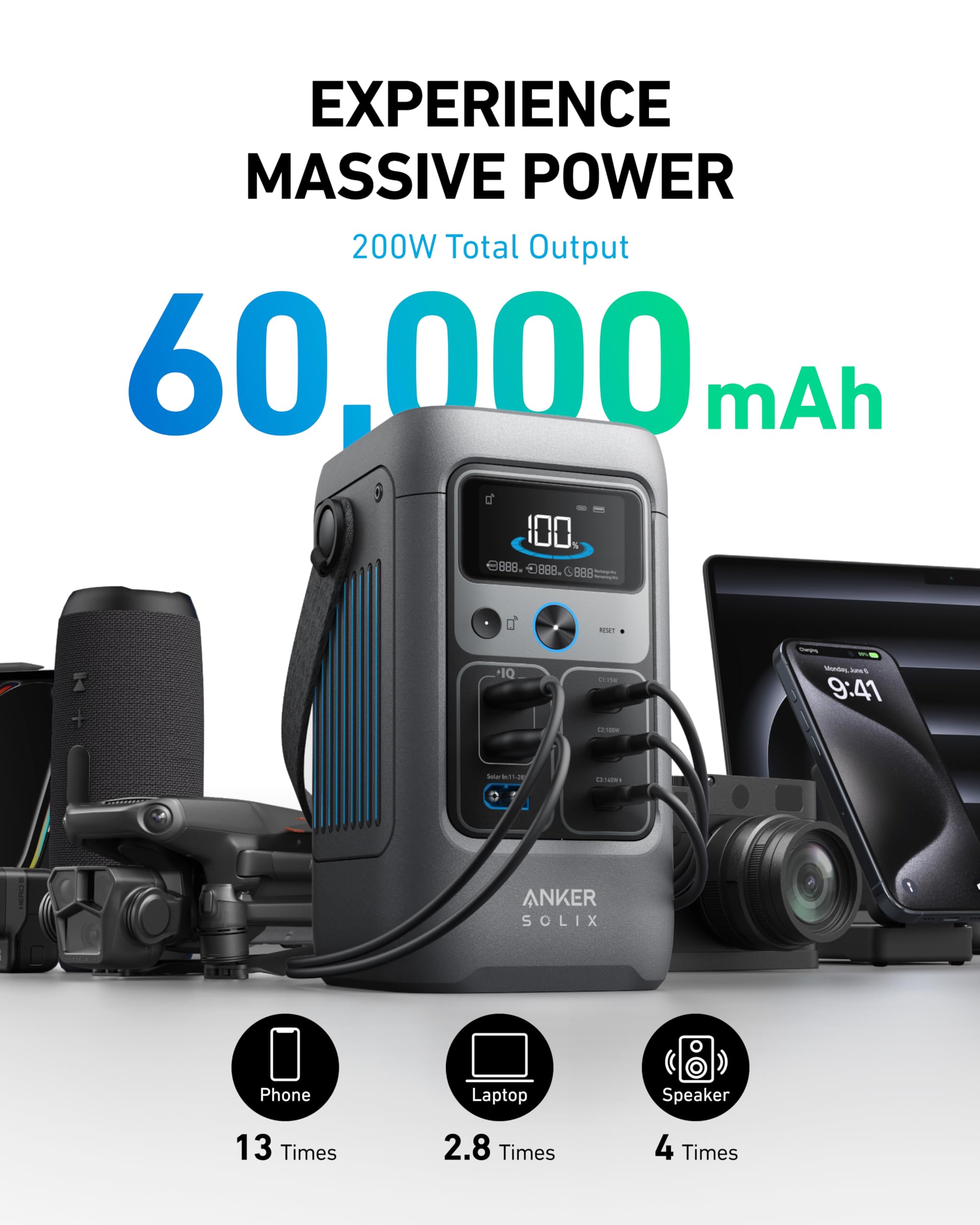 Anker SOLIX C200 connected to 60W solar panel for daytime charging