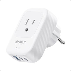 Anker travel adapter Type E/F compatibility for secure European outlet connections.