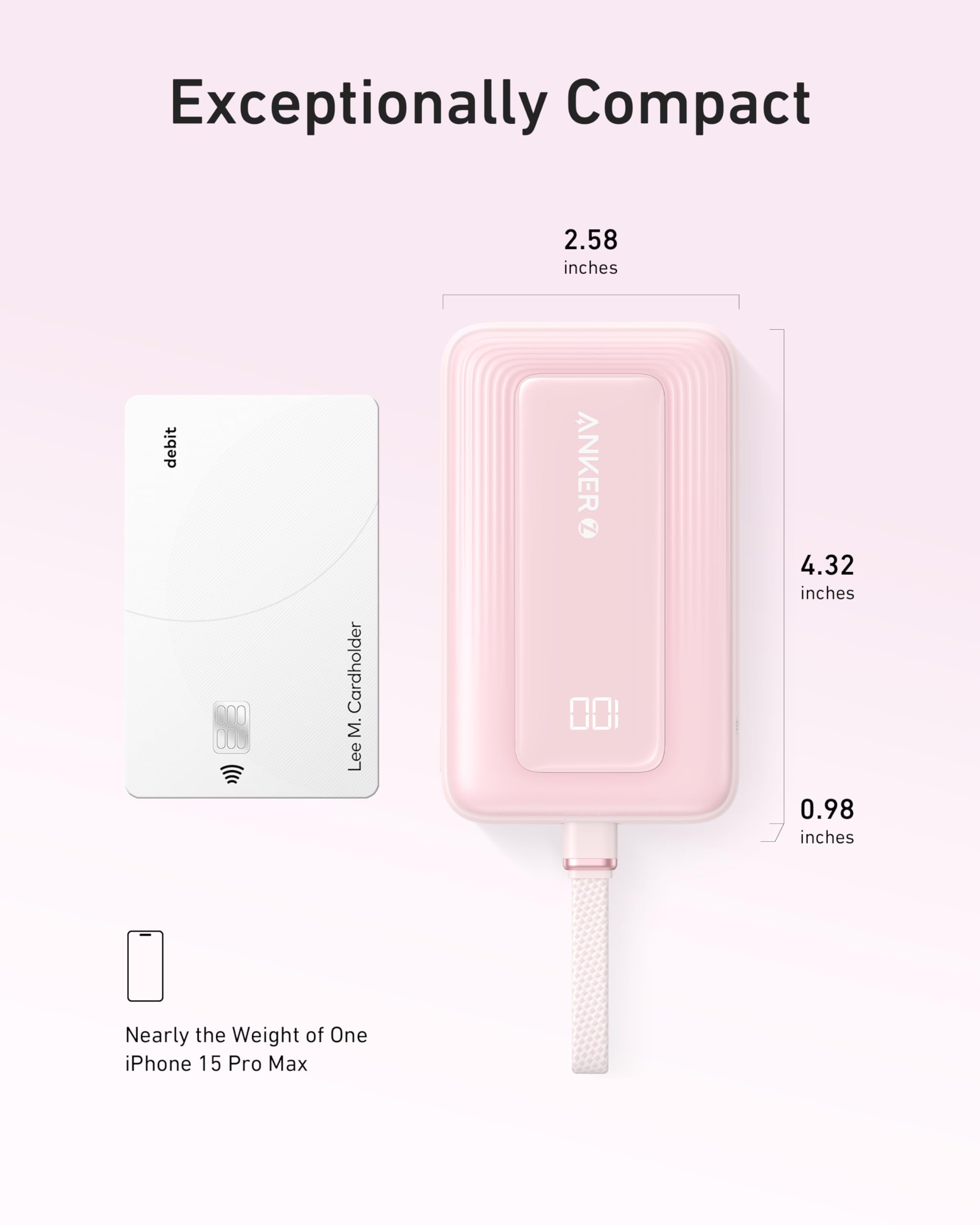 Box contents include power bank, built-in cable, and warranty guidance.