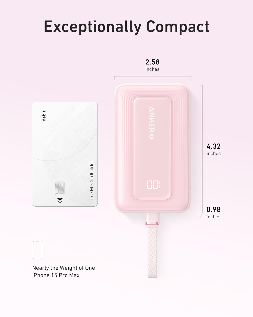 Box contents include power bank, built-in cable, and warranty guidance.