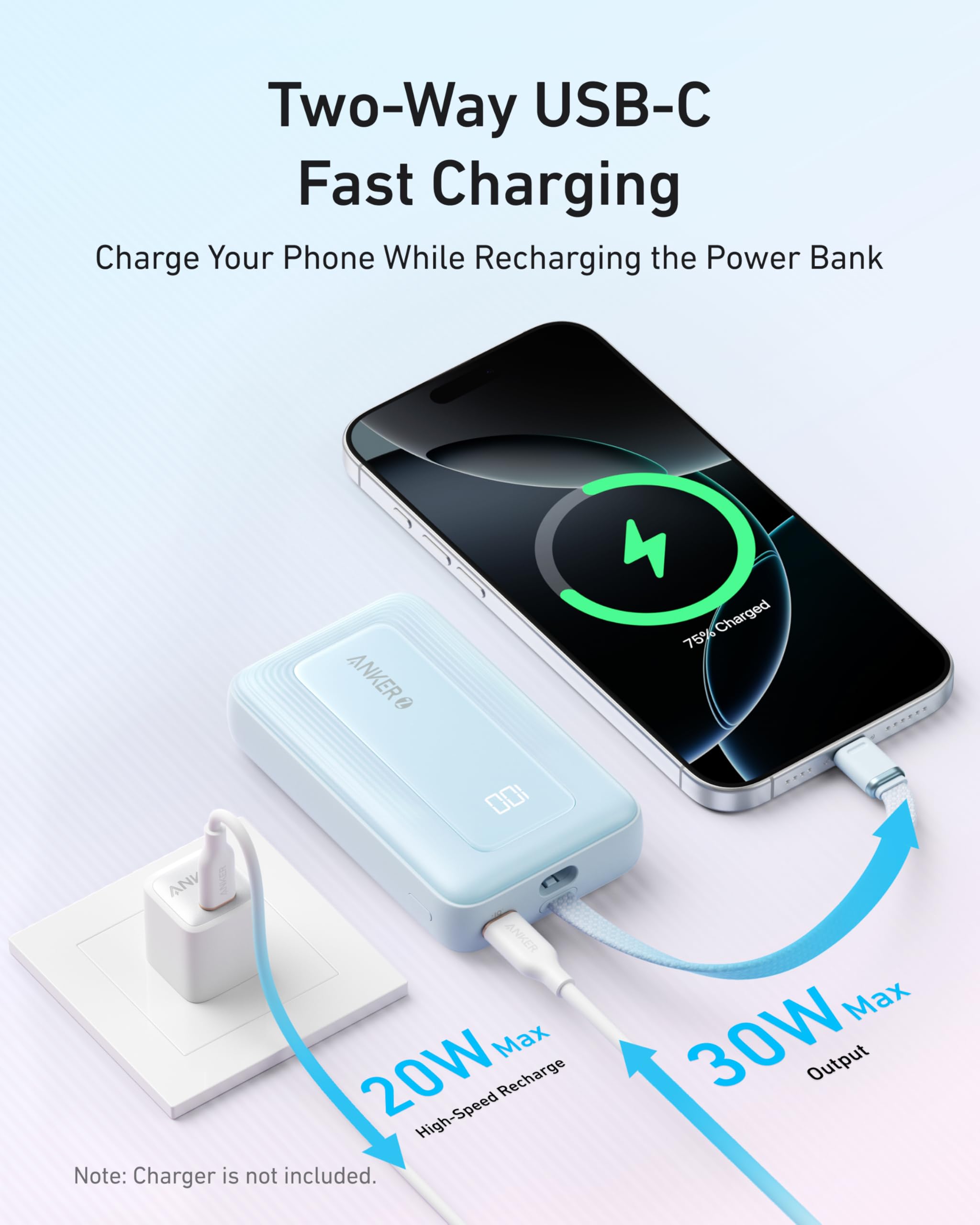 Anker Zolo Power Bank built with a durable USB-C cable for longevity.