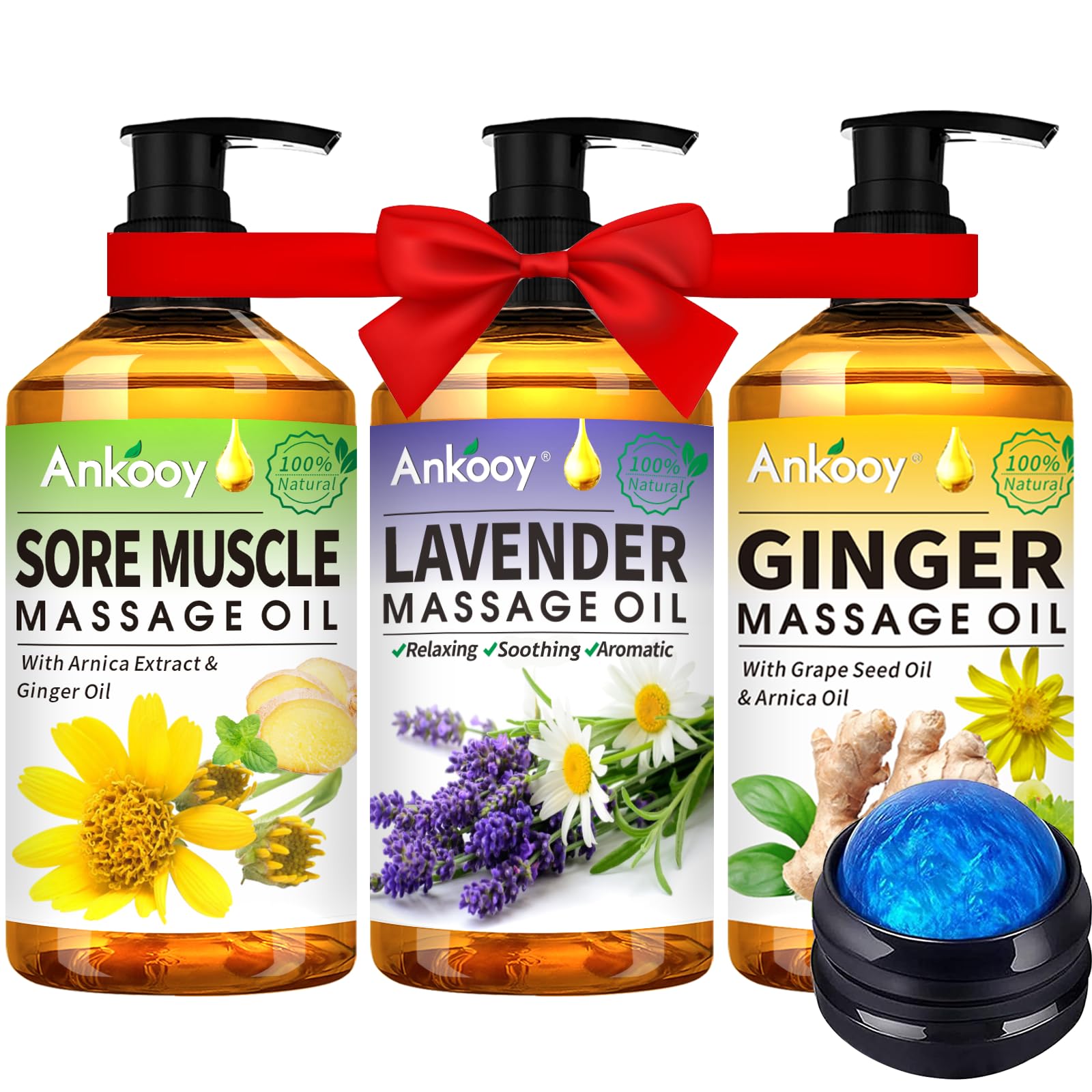 ANKOOY arnica massage oil bottle for soothing sore muscles during a relaxing massage