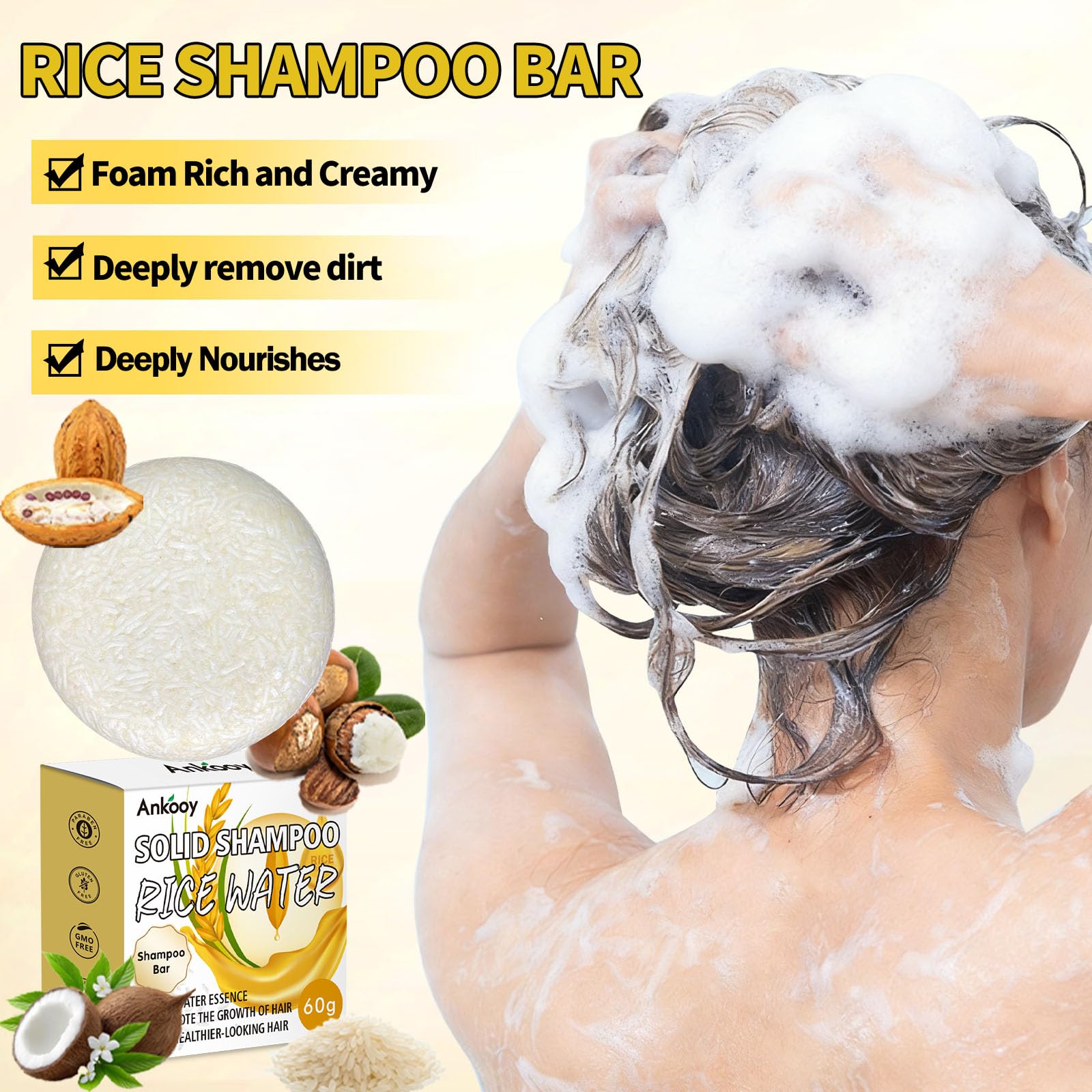 ANKOOOY rice water bar nourishes dry hair, restoring elasticity over time.
