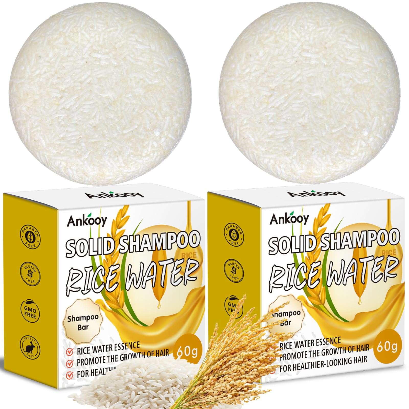 ANKOOOY rice water shampoo bars in a dish, a pack-shot ready to cleanse and boost shine.