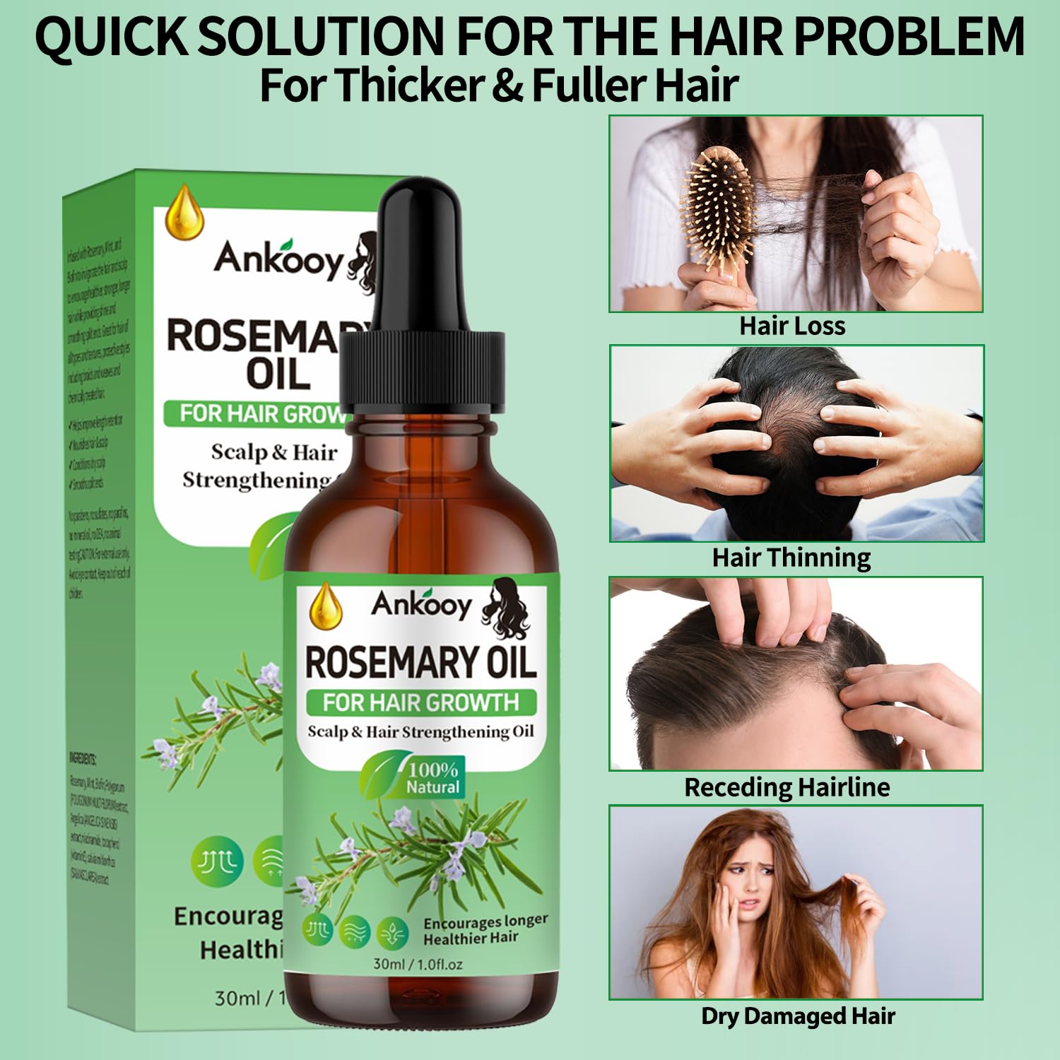 ANKOOY Rosemary Oil bottle with label highlighting rosemary benefits.