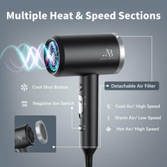 Control panel on the ANNE BETTY hair dryer offers customizable heat and speed