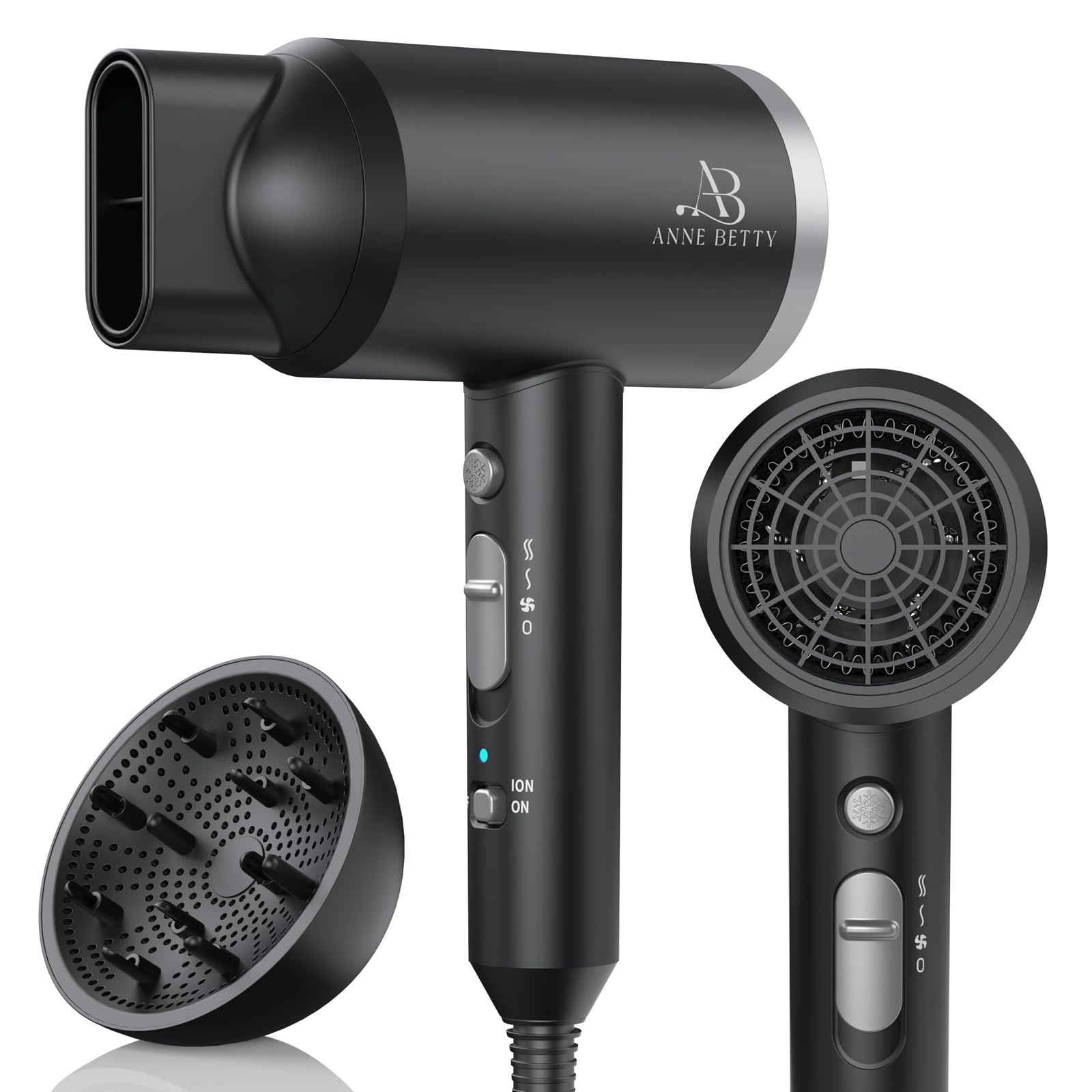 ANNE BETTY Ionic Hair Dryer front view showing fast drying and frizz control