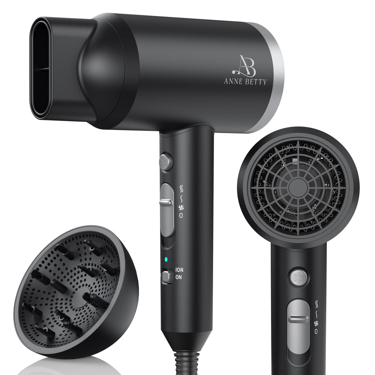 ANNE BETTY Ionic Hair Dryer front view showing fast drying and frizz control