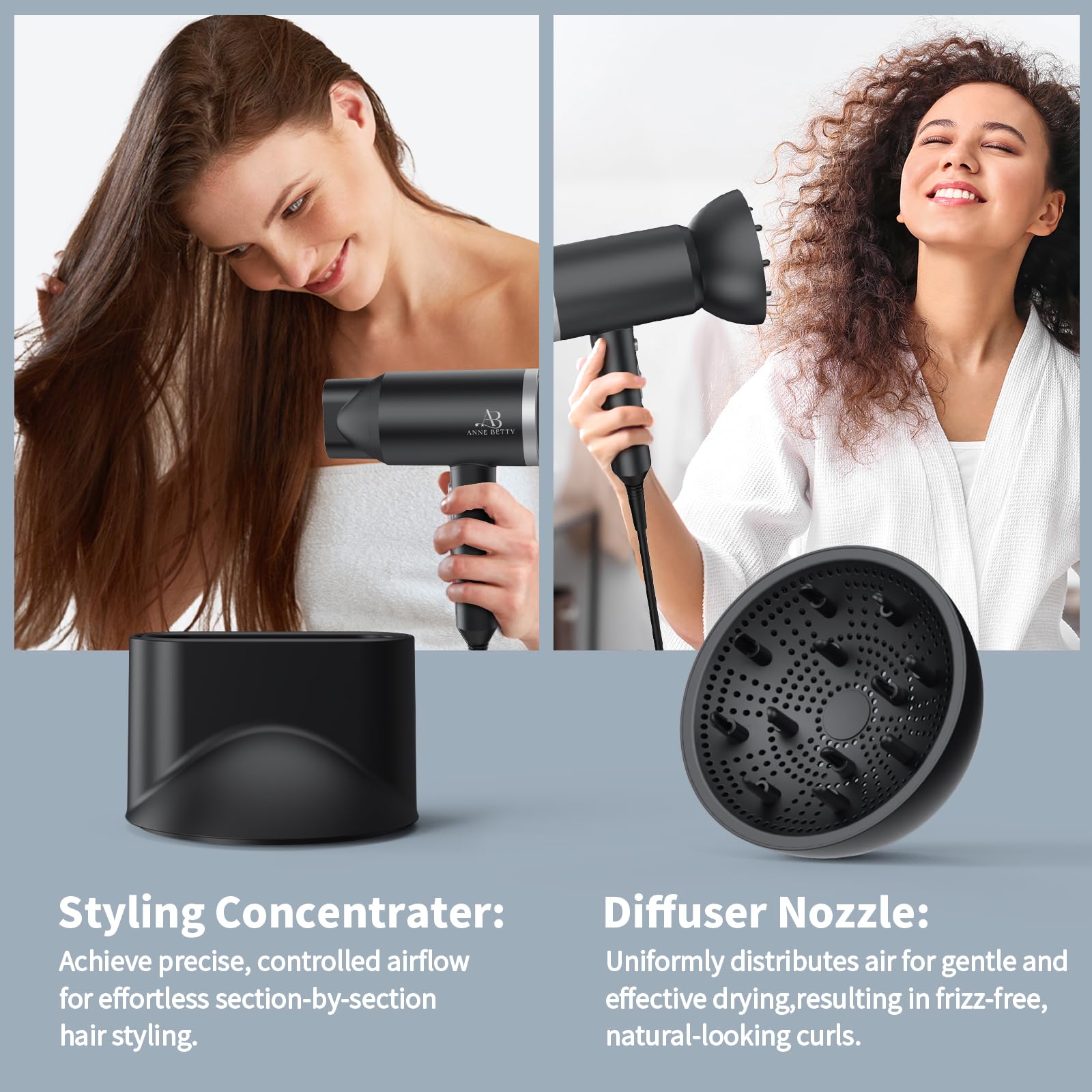 Close-up of the ANNE BETTY dryer in use demonstrates smooth airflow and low noise