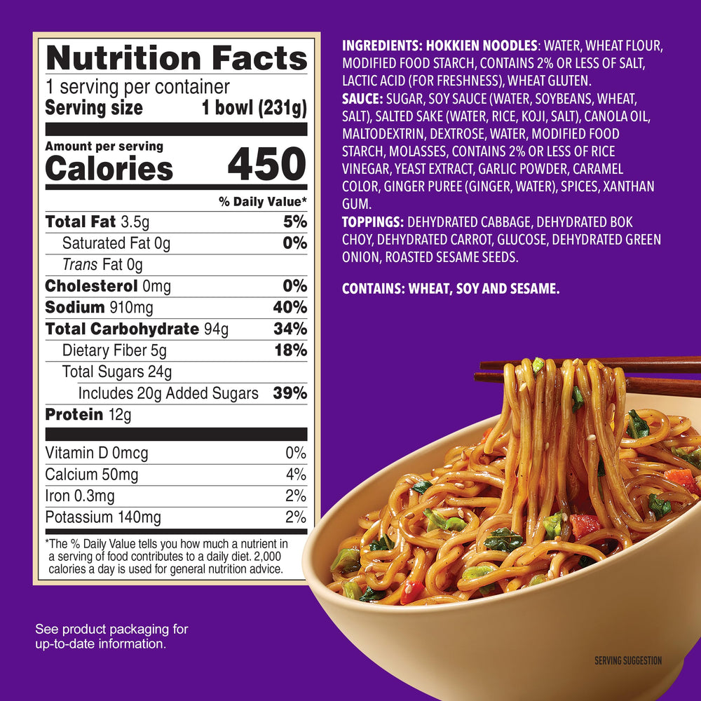 Annie Chun's Teriyaki Noodle Bowl ingredients visible with noodles and vegetables