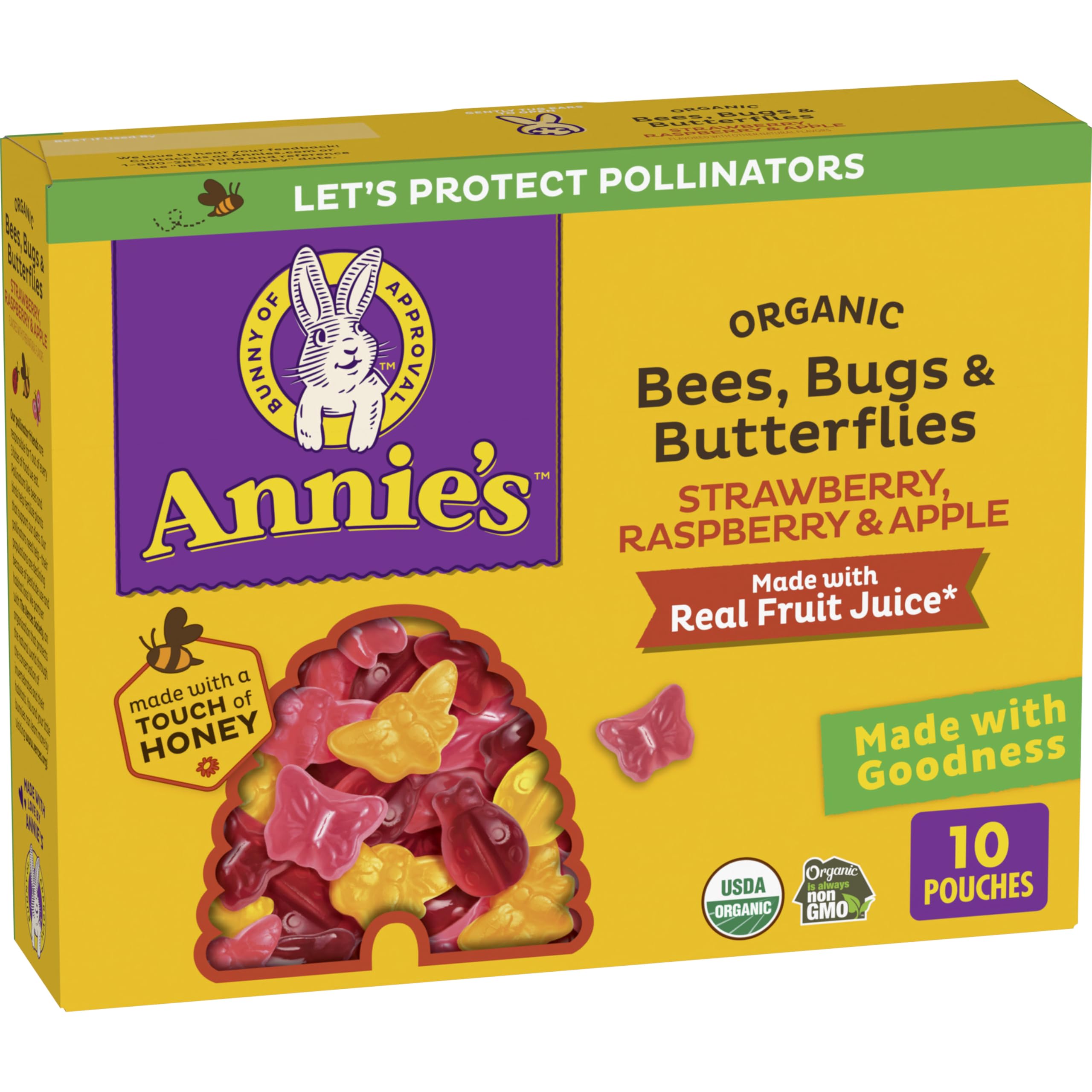 Annie's Bees, Bugs, and Butterflies snacks in a pouch for convenient on the go snacking