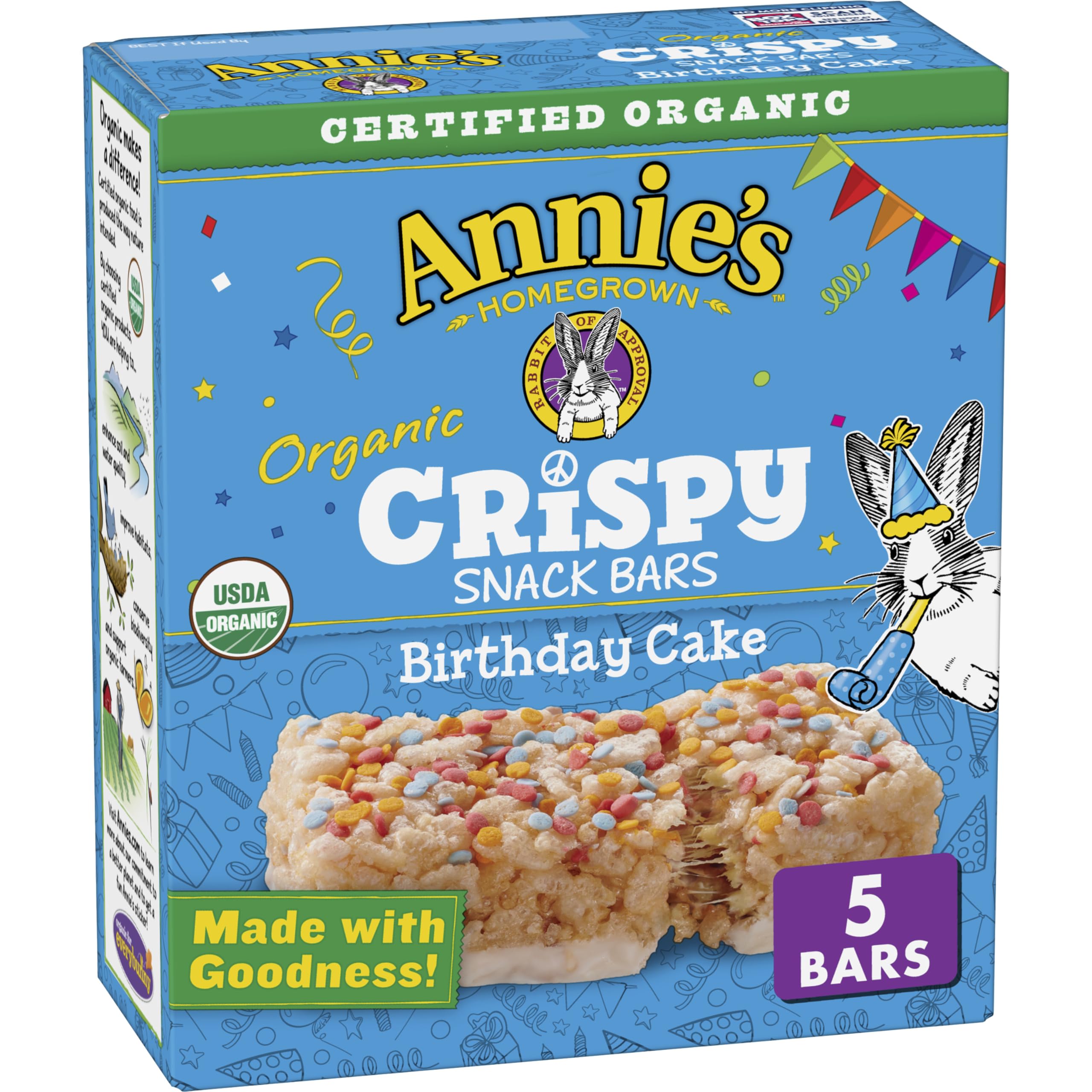 Annie's Birthday Cake Crispy Snack Bars box front shows gluten-free kid-friendly snacking.