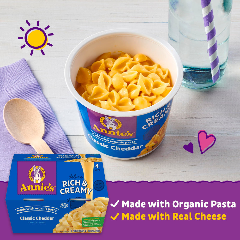 Annie's cheddar cheese sauce close-up emphasizes creamy, rich mac and cheese.