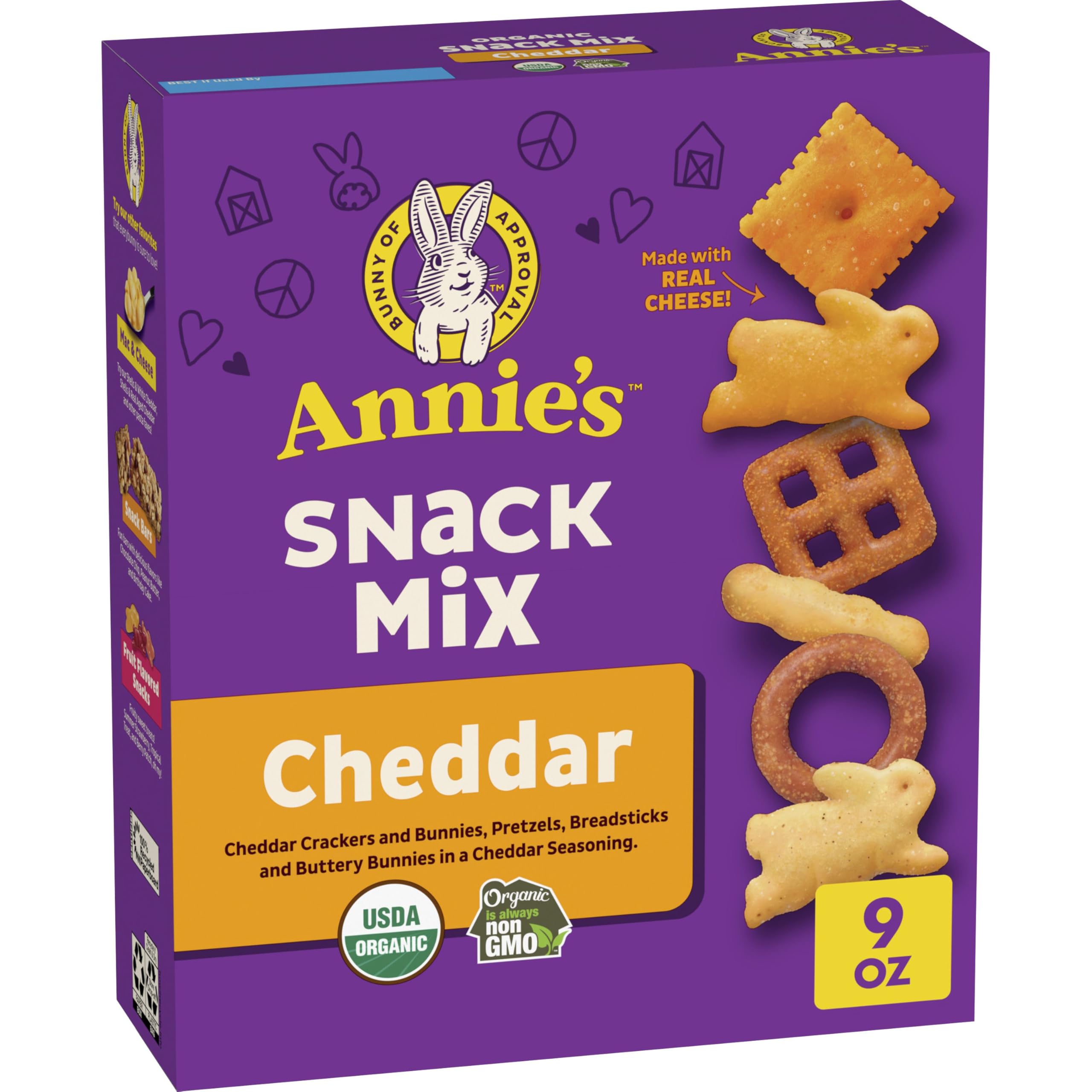 Annie's Cheddar Snack Mix with crackers and pretzels for savory crunch.