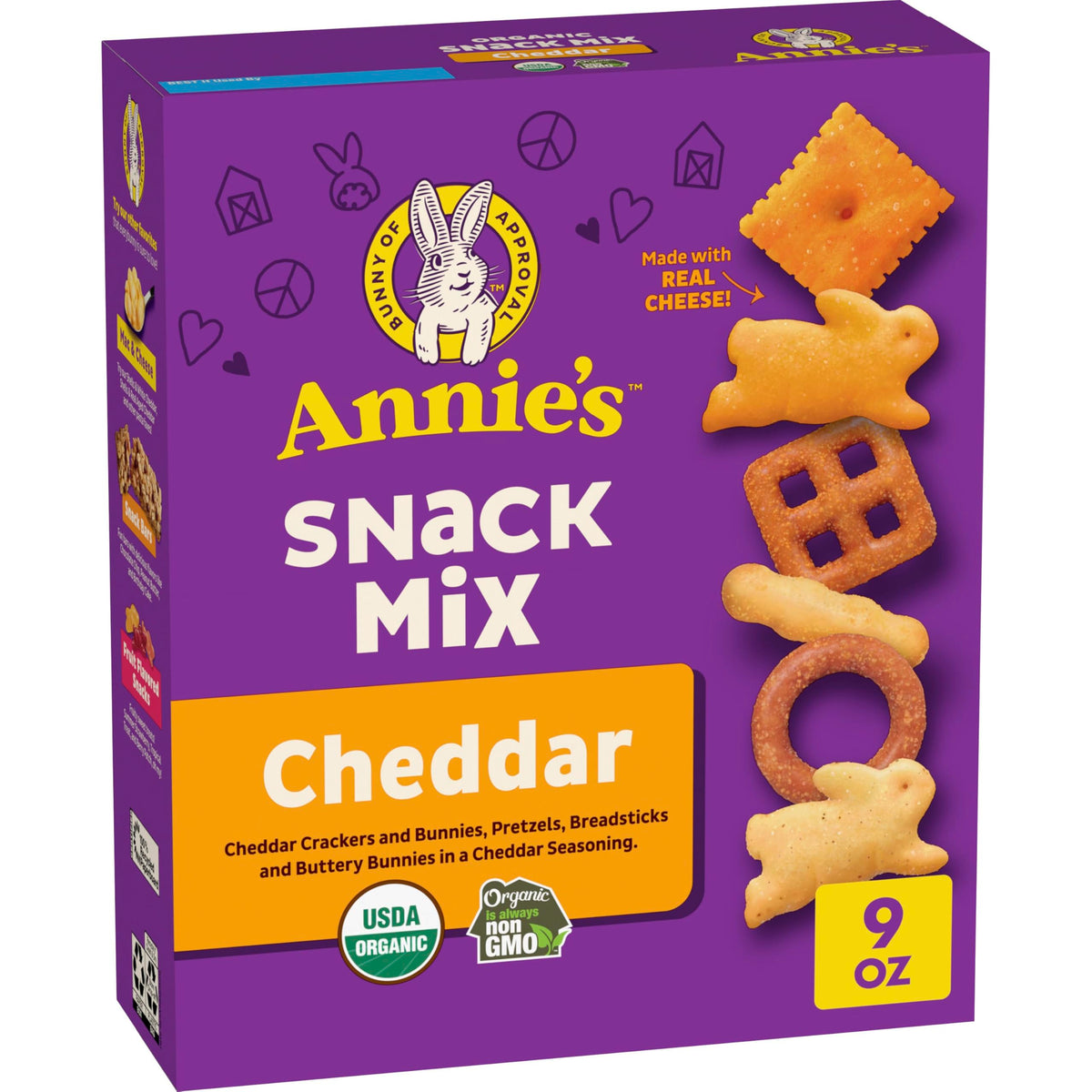 Annie's Cheddar Snack Mix with crackers and pretzels for savory crunch.