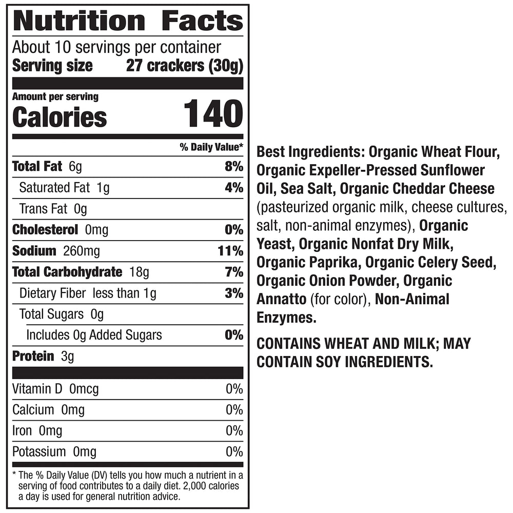 Annie's Cheddar Squares box back highlights ingredients and organic certification.