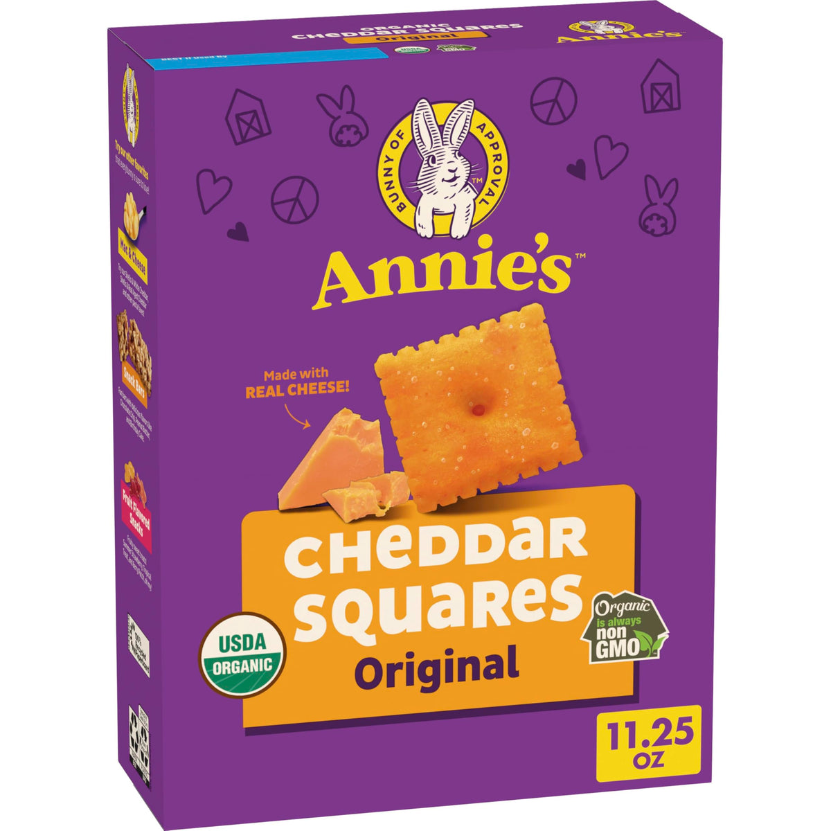 Annie's Organic Cheddar Squares box front shows real cheese for a kid-friendly snack.