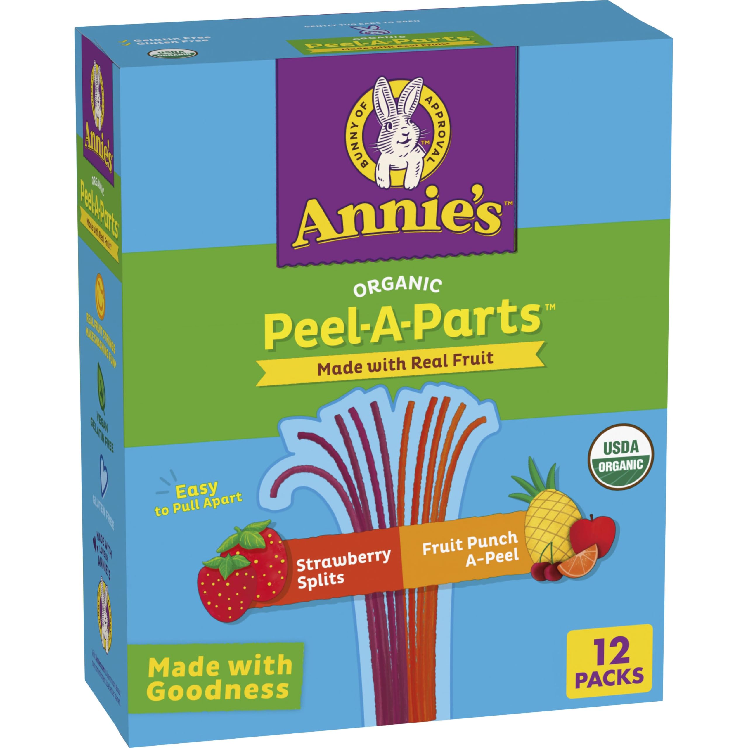 Annie's Peel-A-Parts strawberry strips shown for kid-friendly snacking.