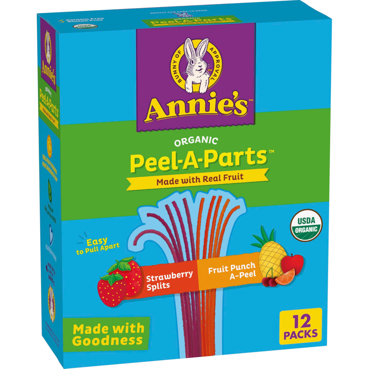 Annie's Peel-A-Parts strawberry strips shown for kid-friendly snacking.