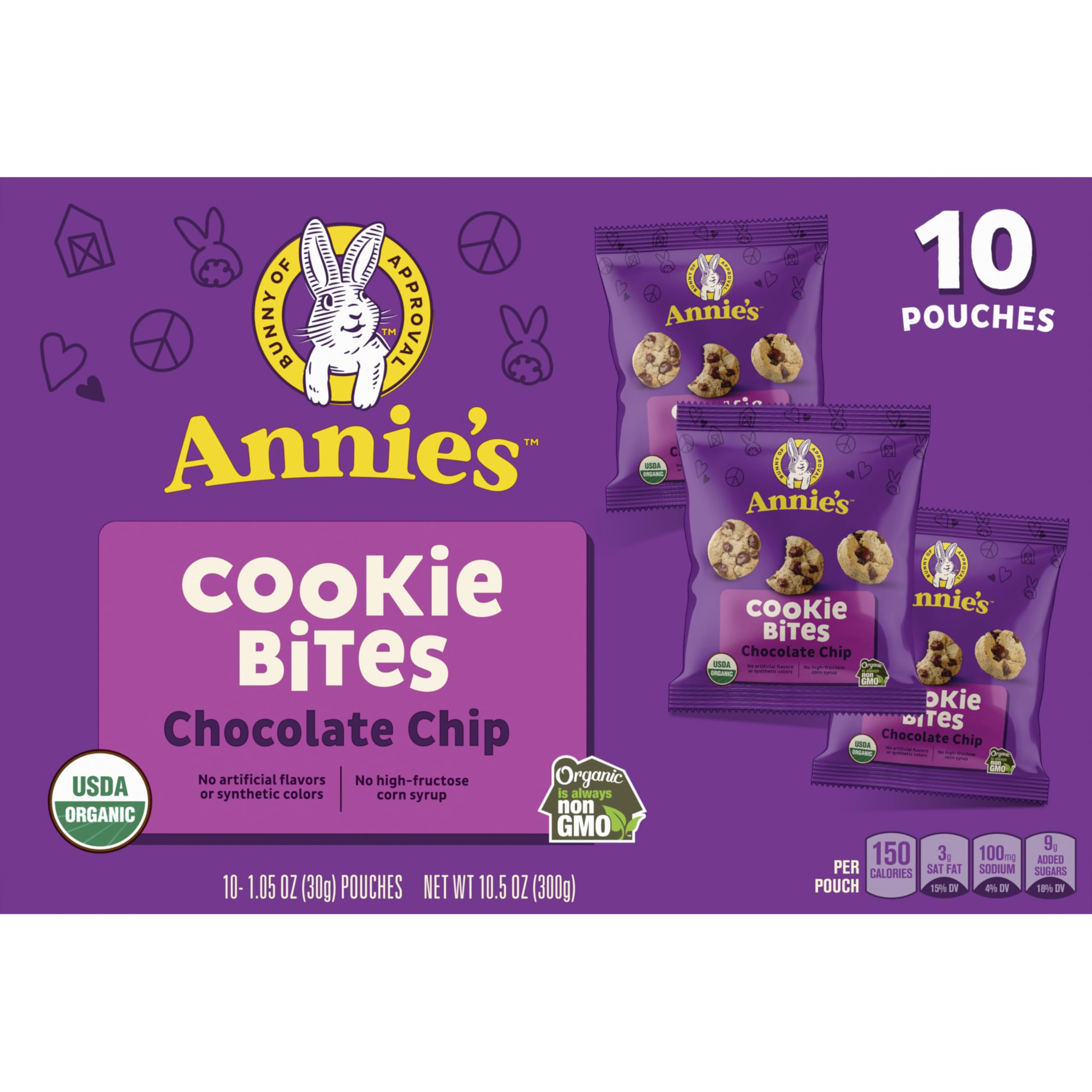 Box display showing 10 pouches of Annie's cookie bites