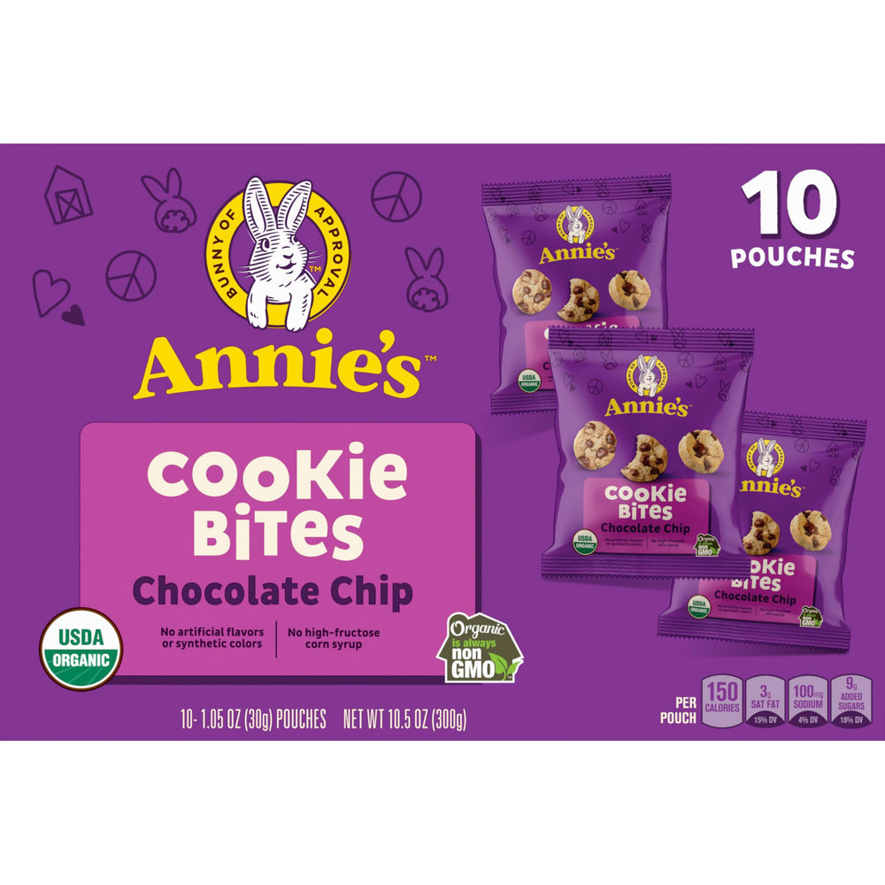 Box display showing 10 pouches of Annie's cookie bites