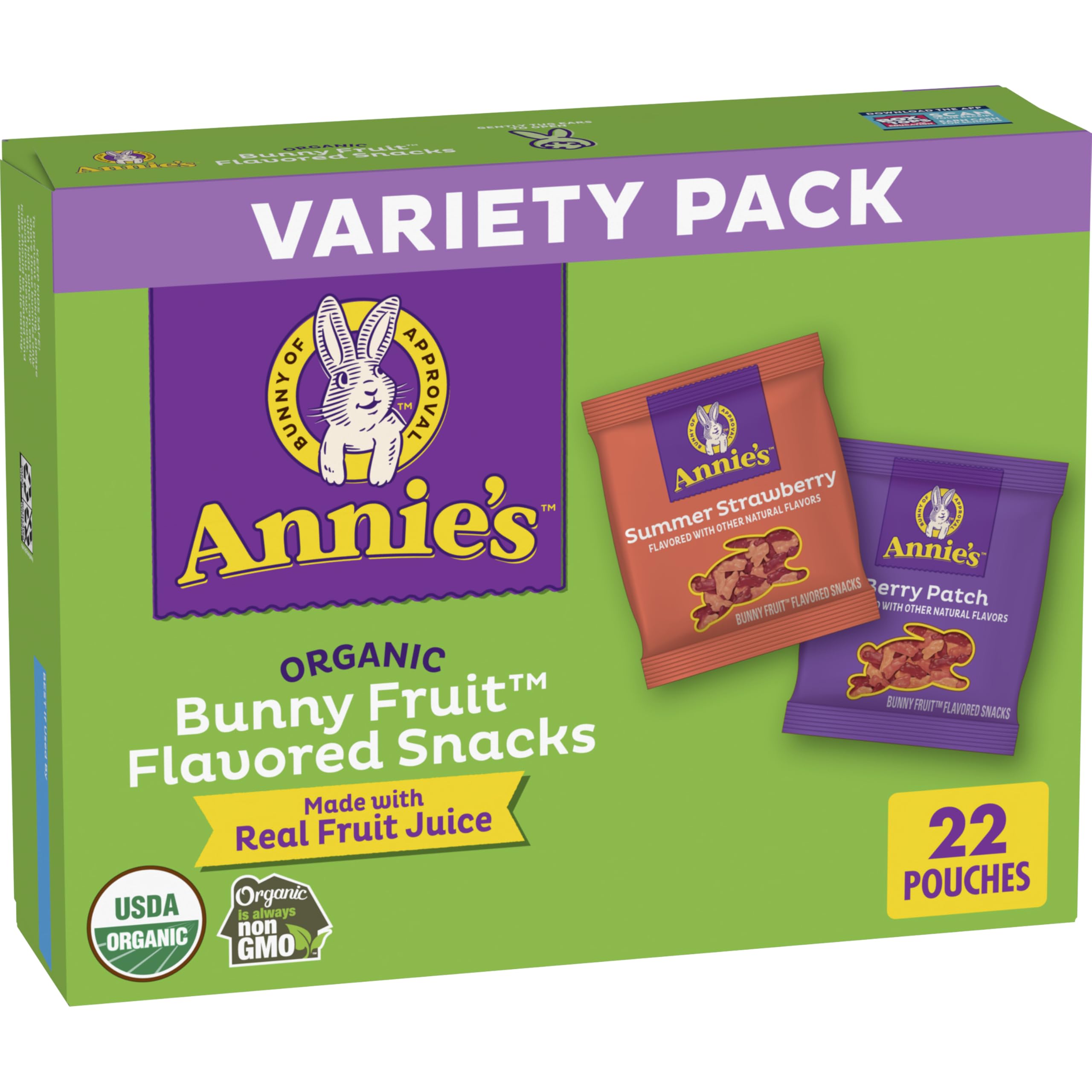 Annie's Homegrown Bunny Fruit Snacks packaging with colorful pouches for on-the-go snacking